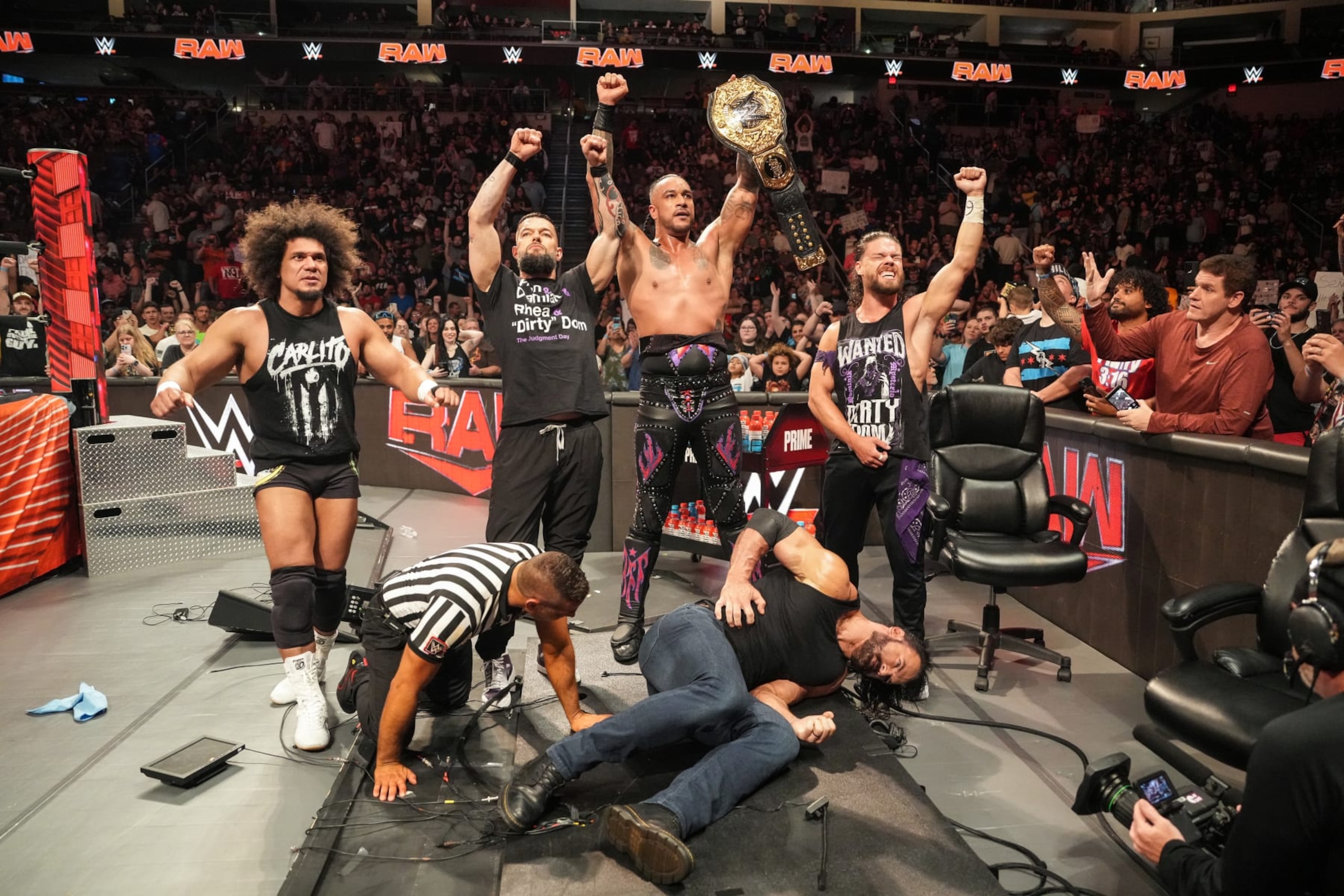 HERSHEY, PENNSYLVANIA - JUNE 03: Judgment Day celebrates Damian Priest's win during Monday Night RAW at Giant Center on June 3, 2024 in Hershey, Pennsylvania. (Photo by WWE/Getty Images) HERSHEY, PENNSYLVANIA - JUNE 03: Judgment Day celebrates Damian Priest's win during Monday Night RAW at Giant Center on June 3, 2024 in Hershey, Pennsylvania. (Photo by WWE/Getty Images)