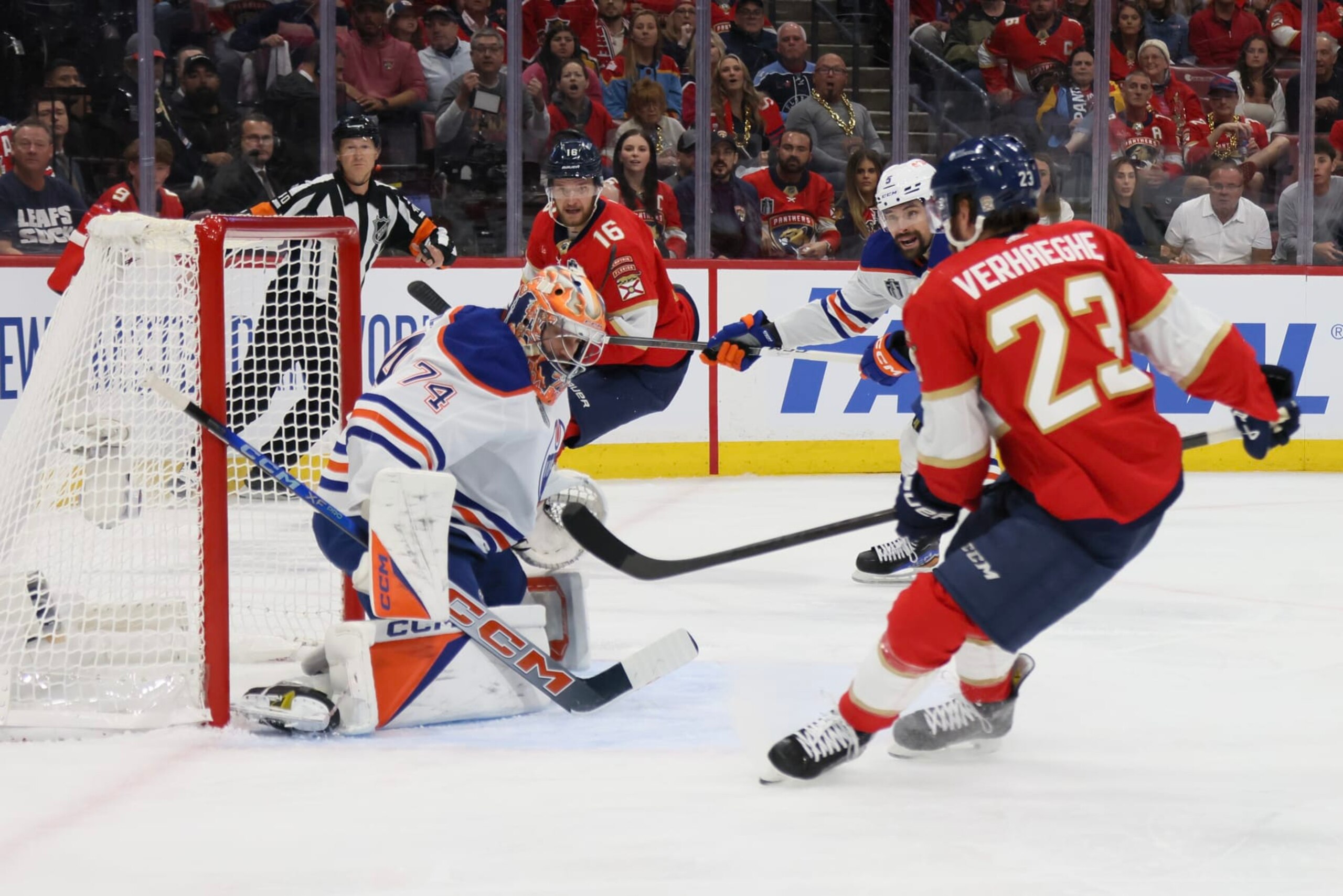 SUNRISE, FLORIDA - JUNE 08: Carter Verhaeghe #23 of the Florida Panthers scores a goal against Stuart Skinner #74 of the Edmonton Oilers during the first period in Game One of the 2024 Stanley Cup Final at Amerant Bank Arena on June 08, 2024 in Sunrise, Florida. (Photo by Bruce Bennett/Getty Images) SUNRISE, FLORIDA - JUNE 08: Carter Verhaeghe #23 of the Florida Panthers scores a goal against Stuart Skinner #74 of the Edmonton Oilers during the first period in Game One of the 2024 Stanley Cup Final at Amerant Bank Arena on June 08, 2024 in Sunrise, Florida. (Photo by Bruce Bennett/Getty Images)