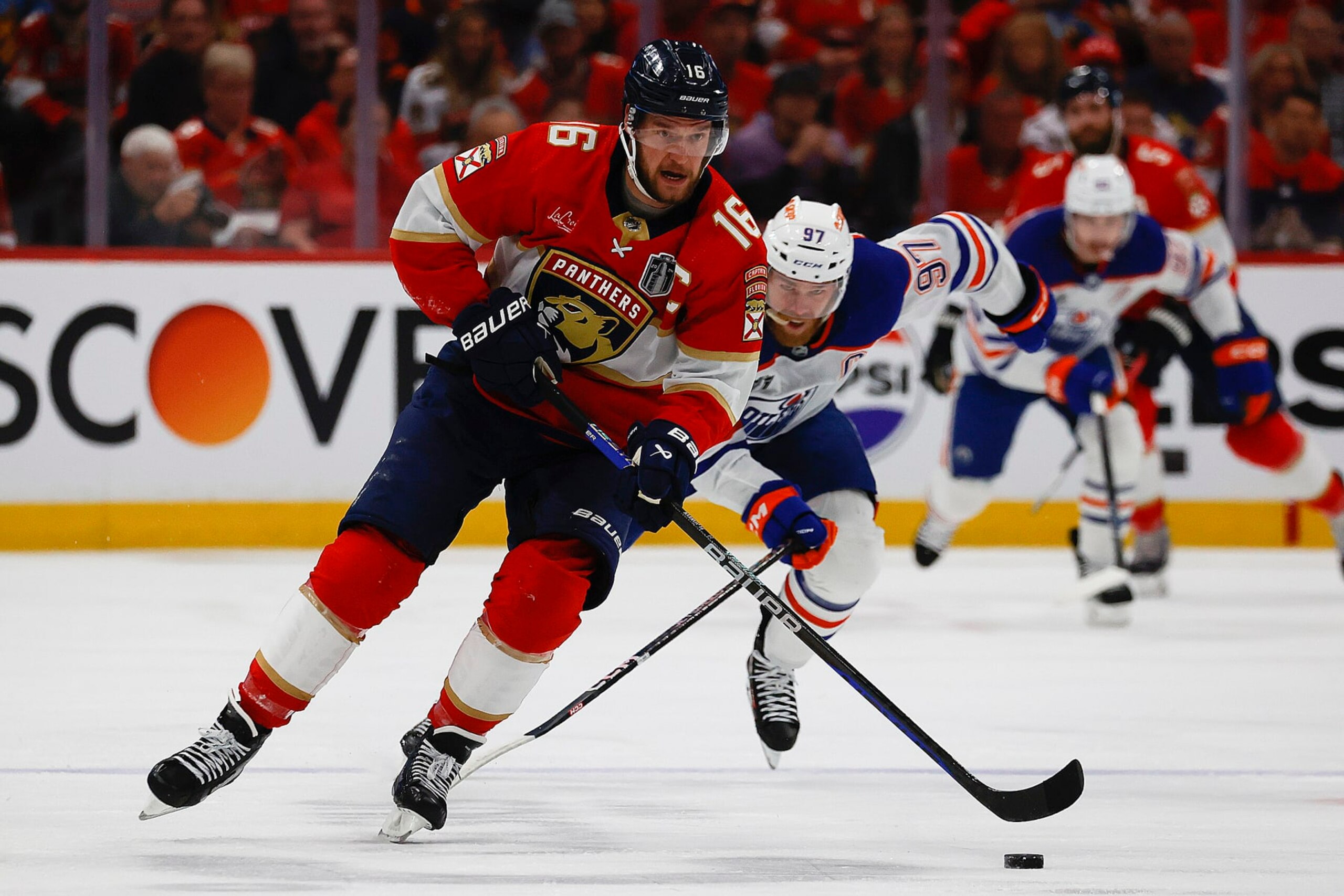 SUNRISE, FLORIDA - JUNE 8: Aleksander Barkov #16 of the Florida Panthers skates with the puck during first period action against the Edmonton Oilers in Game One of the Stanley Cup Final at the Amerant Bank Arena on June 8, 2024 in Sunrise, Florida. (Photo by Eliot J. Schechter/NHLI via Getty Images) SUNRISE, FLORIDA - JUNE 8: Aleksander Barkov #16 of the Florida Panthers skates with the puck during first period action against the Edmonton Oilers in Game One of the Stanley Cup Final at the Amerant Bank Arena on June 8, 2024 in Sunrise, Florida. (Photo by Eliot J. Schechter/NHLI via Getty Images)