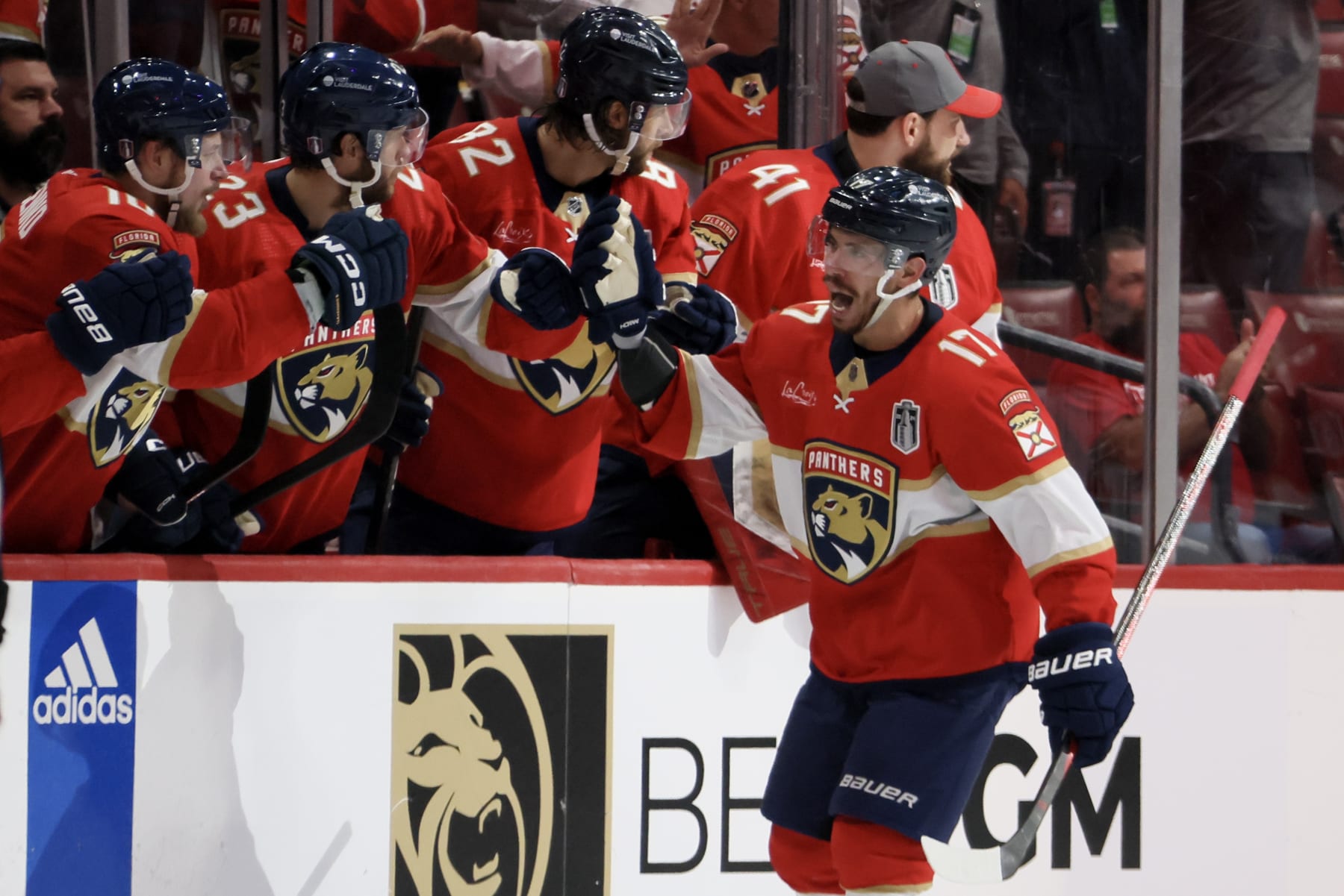 SUNRISE, FLORIDA - JUNE 08: Evan Rodrigues #17 of the Florida Panthers celebrates with teammates after scoring a goal during the second period against the Edmonton Oilers in Game One of the 2024 Stanley Cup Final at Amerant Bank Arena on June 08, 2024 in Sunrise, Florida.  (Photo by Bruce Bennett/Getty Images)