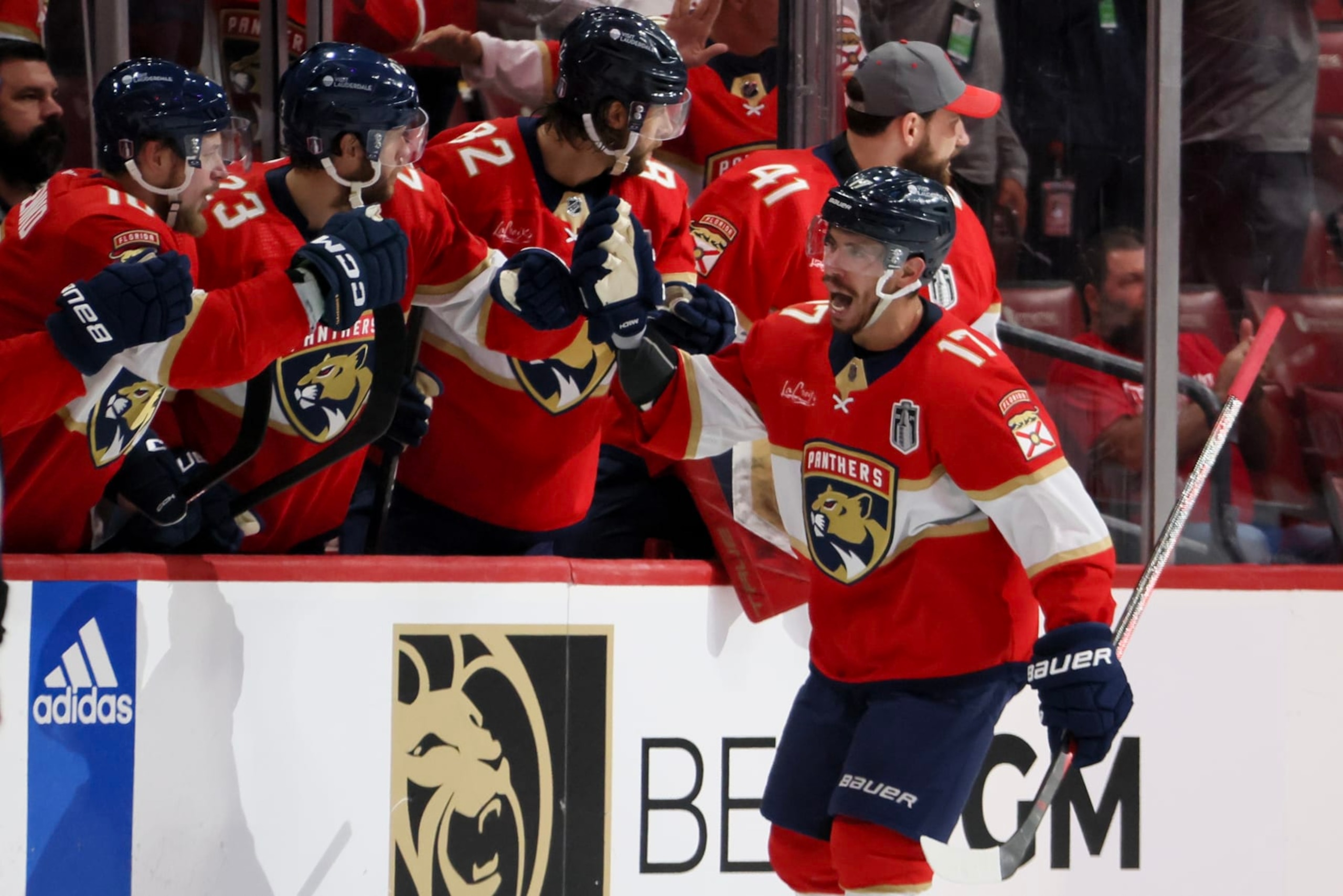 SUNRISE, FLORIDA - JUNE 08: Evan Rodrigues #17 of the Florida Panthers celebrates with teammates after scoring a goal during the second period against the Edmonton Oilers in Game One of the 2024 Stanley Cup Final at Amerant Bank Arena on June 08, 2024 in Sunrise, Florida. (Photo by Bruce Bennett/Getty Images) SUNRISE, FLORIDA - JUNE 08: Evan Rodrigues #17 of the Florida Panthers celebrates with teammates after scoring a goal during the second period against the Edmonton Oilers in Game One of the 2024 Stanley Cup Final at Amerant Bank Arena on June 08, 2024 in Sunrise, Florida. (Photo by Bruce Bennett/Getty Images)