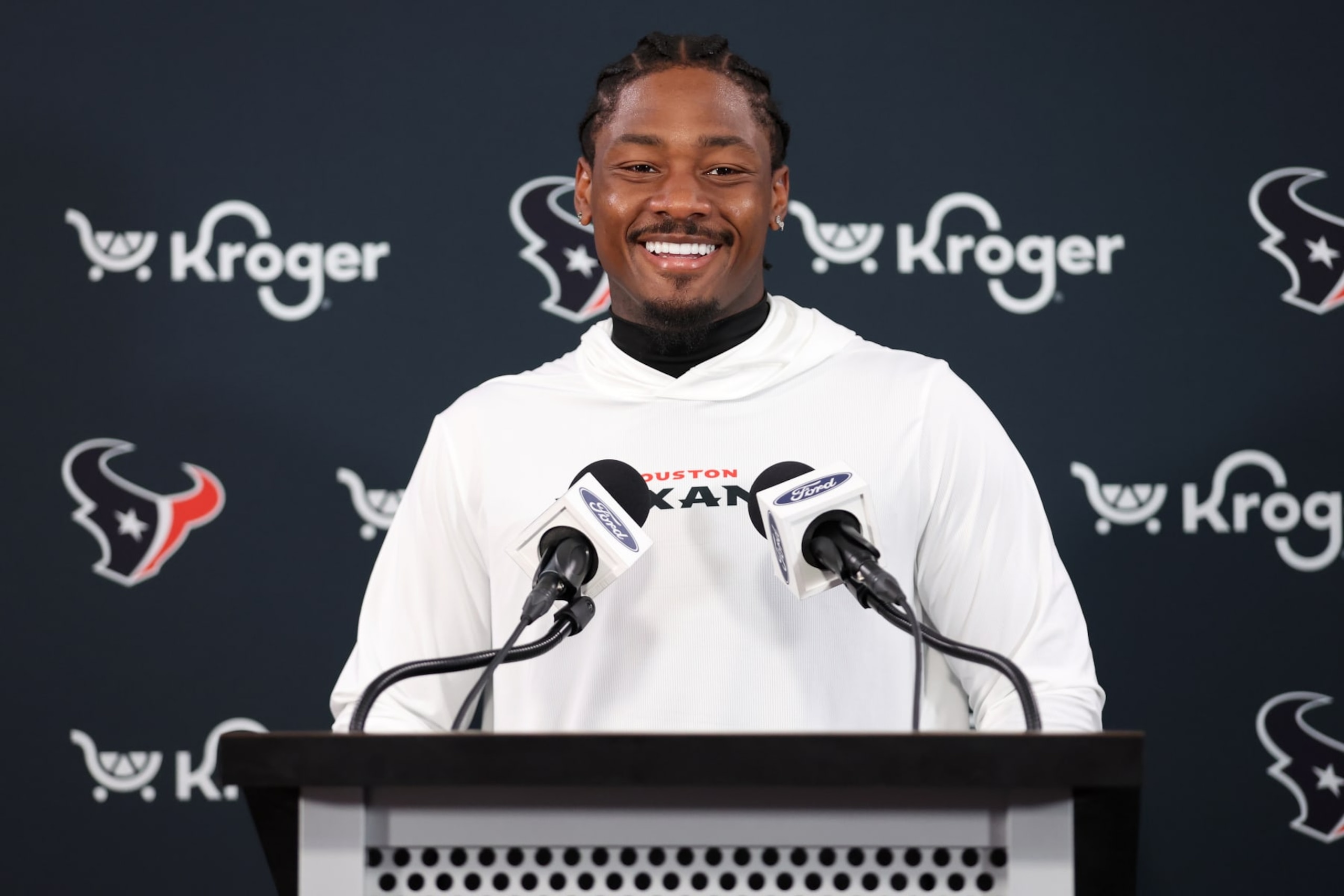 HOUSTON, TEXAS - JUNE 04: Stefon Diggs #1 of the Houston Texans speaks with the media after Mandatory Minicamp at Houston Methodist Training Center on June 04, 2024 in Houston, Texas. (Photo by Tim Warner/Getty Images)