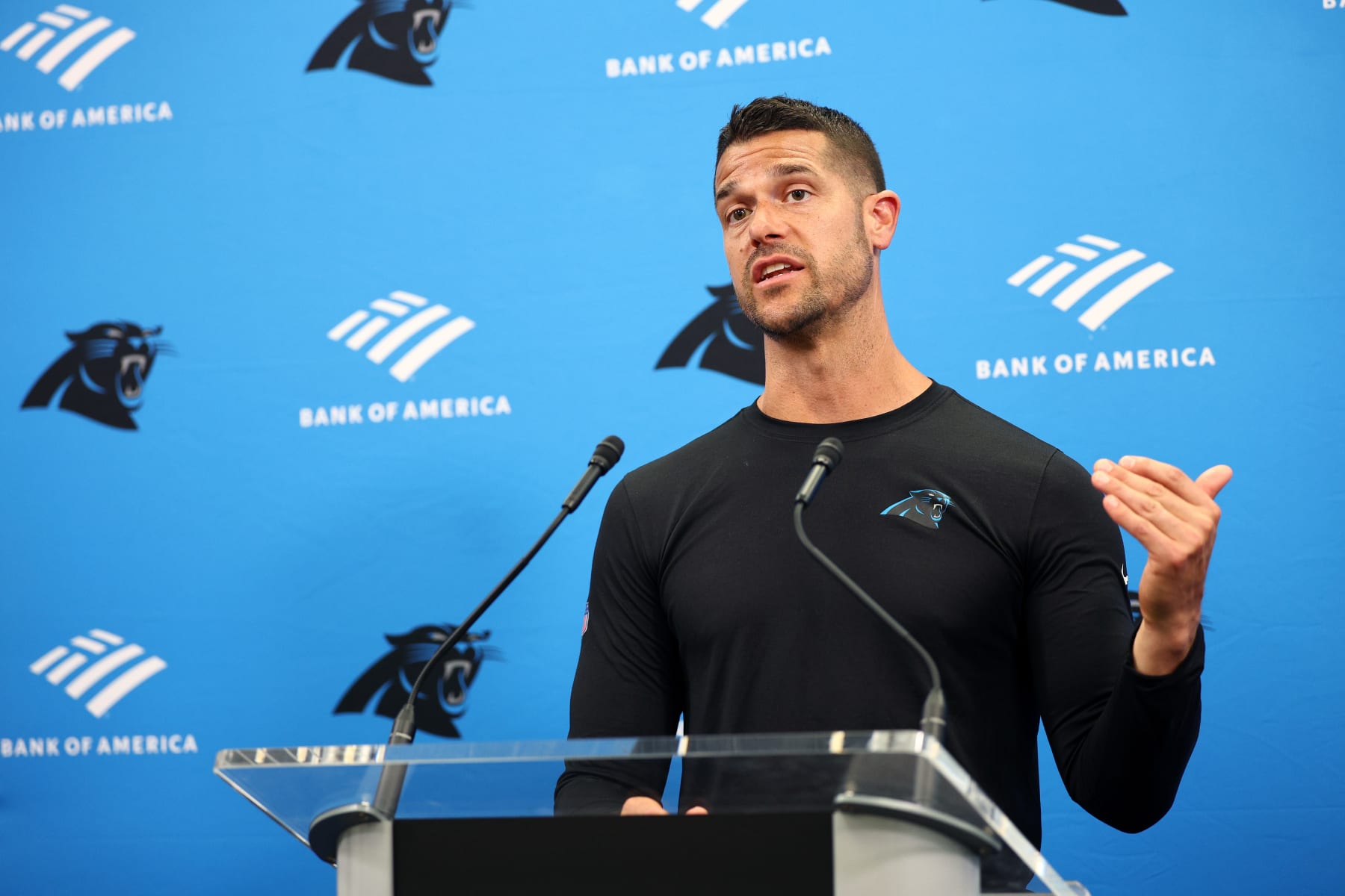 CHARLOTTE, NORTH CAROLINA - JUNE 04: Head coach Dave Canales of the Carolina Panthers speaks with the media during a press conference at Carolina Panthers OTA Offseason Workout on June 04, 2024 in Charlotte, North Carolina. (Photo by Jared C. Tilton/Getty Images)