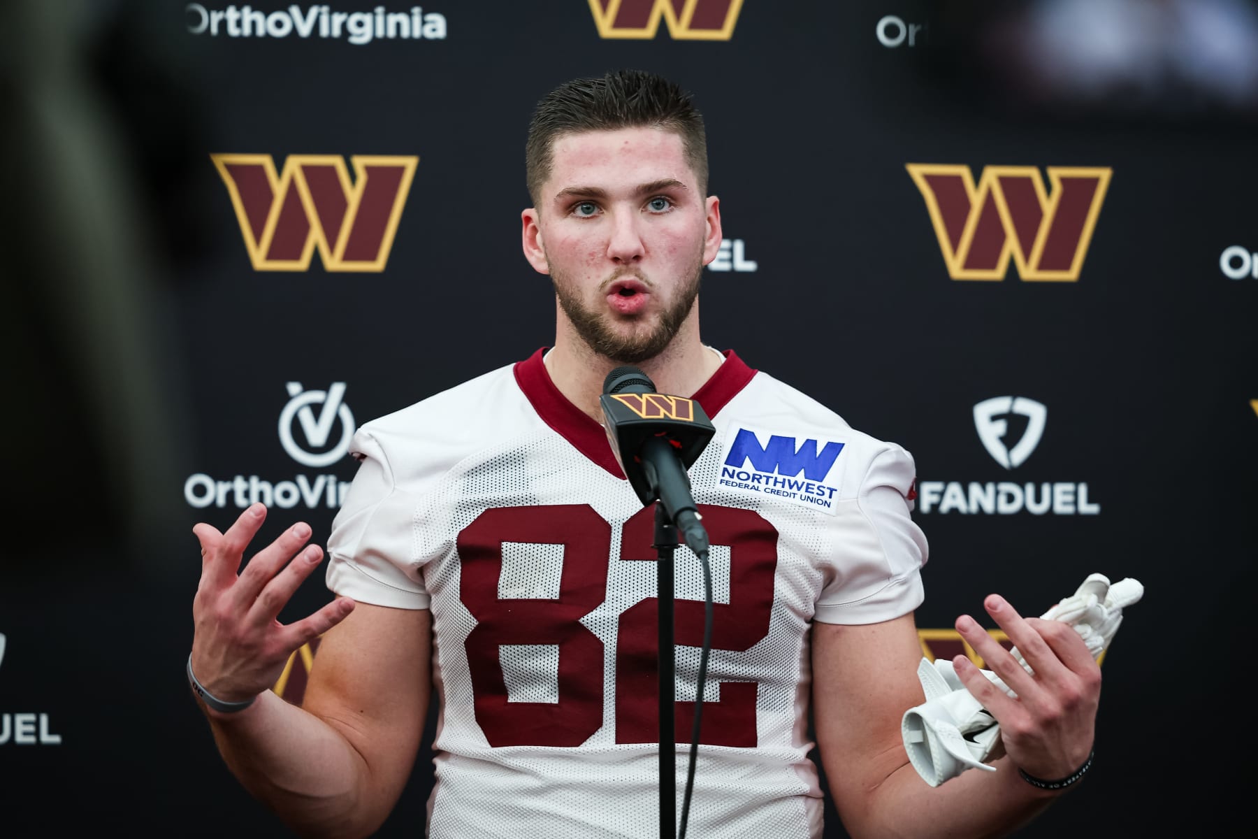 ASHBURN, VA - MAY 10: Ben Sinnott #82 of the Washington Commanders speaks with the media during Washington Commanders Rookie Minicamp at OrthoVirginia Training Center on May 10, 2024 in Ashburn, Virginia. (Photo by Scott Taetsch/Getty Images)