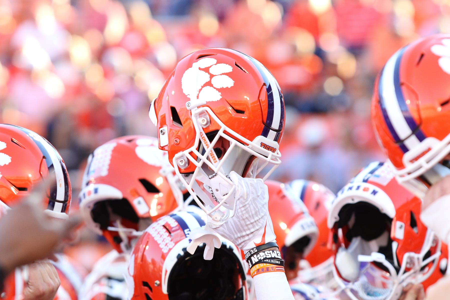 CLEMSON, SC - NOVEMBER 18: Clemson helmets
during a college football game between the North Carolina Tar Heels and the Clemson Tigers on November 18, 2023 at Clemson Memorial Stadium in Clemson, S.C.  (Photo by John Byrum/Icon Sportswire via Getty Images)