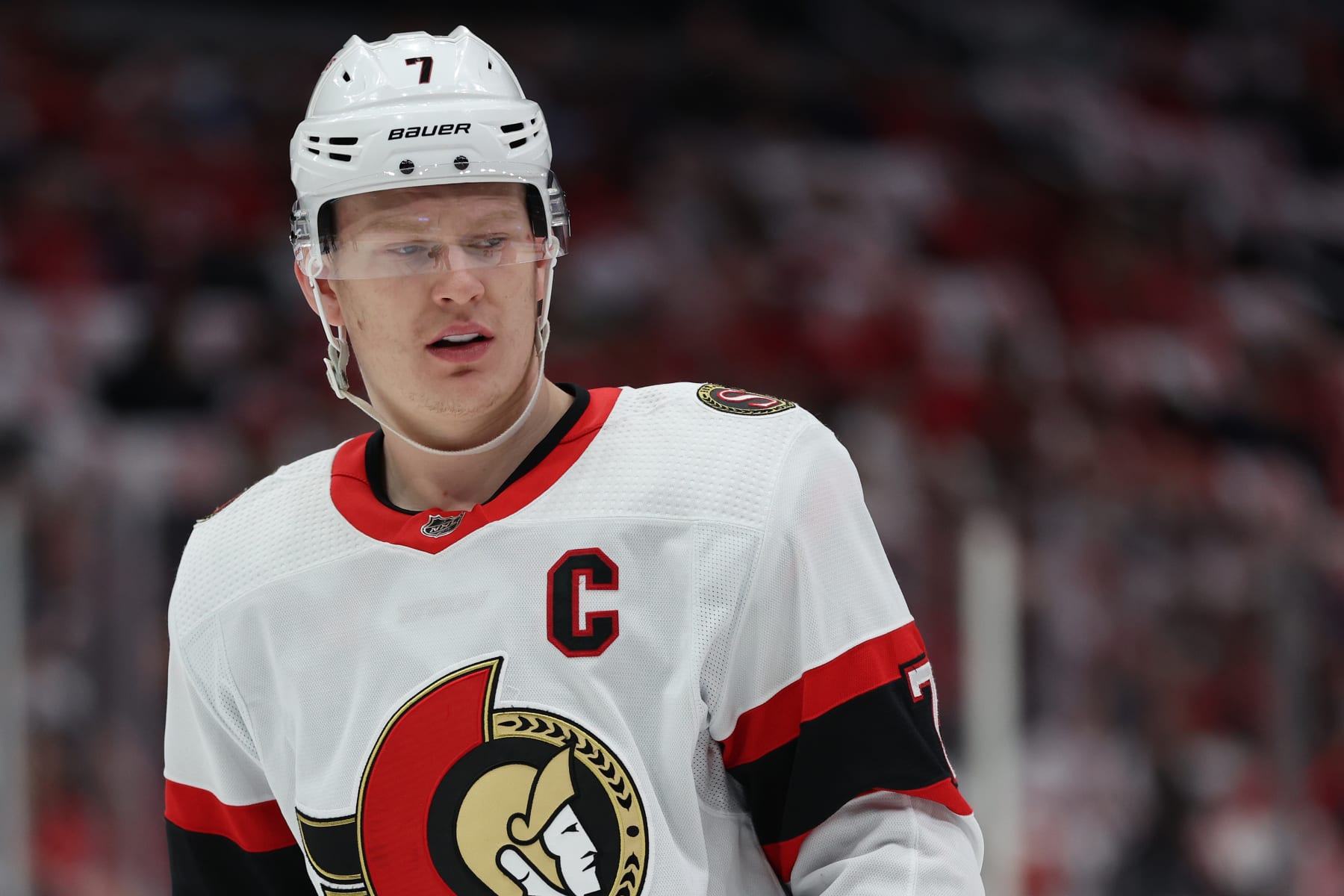 WASHINGTON, DC - APRIL 07: Brady Tkachuk #7 of the Ottawa Senators looks on against the Washington Capitals during the first period at Capital One Arena on April 07, 2024 in Washington, DC. (Photo by Patrick Smith/Getty Images)