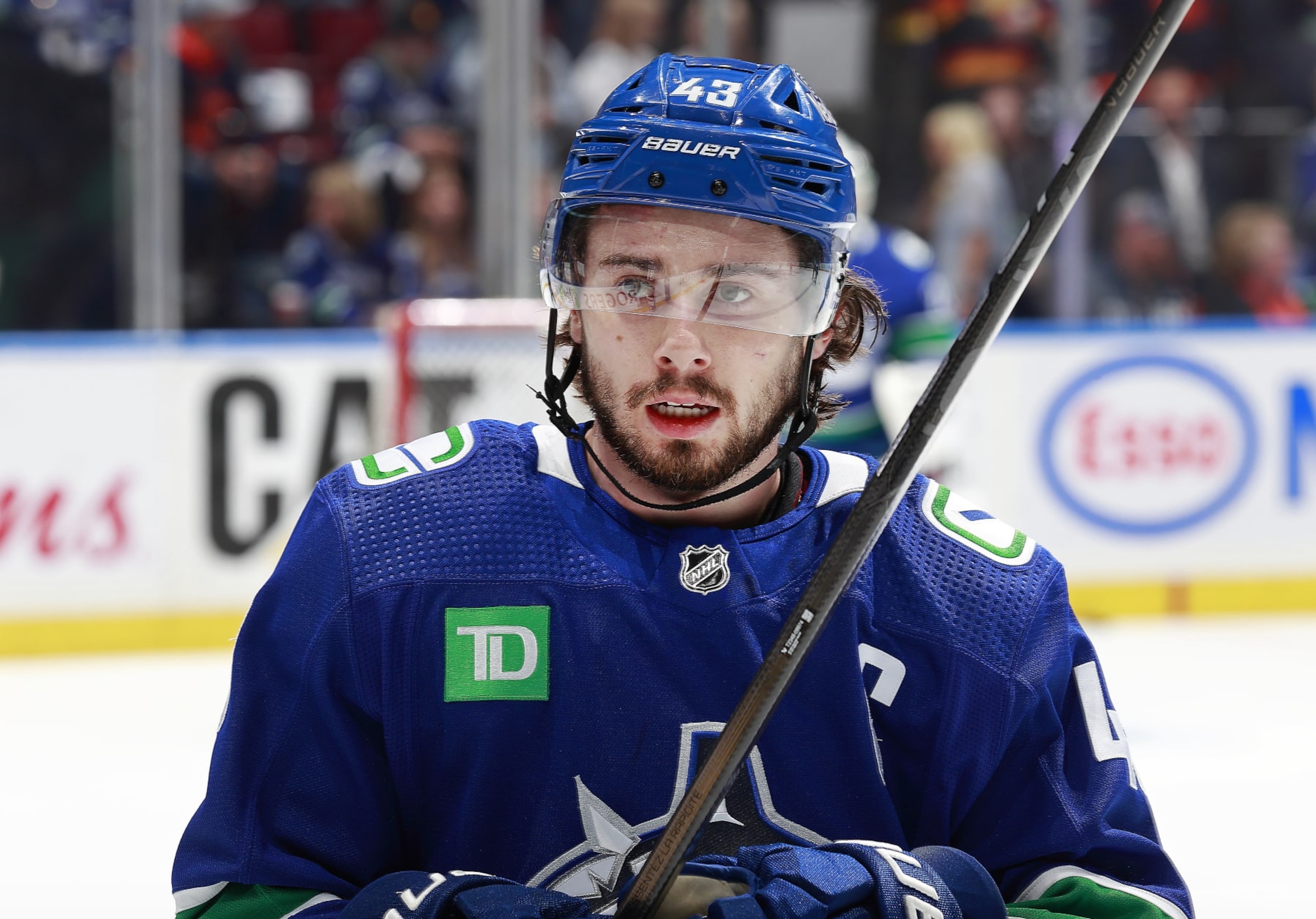 VANCOUVER, CANADA - MAY 20: Quinn Hughes #43 of the Vancouver Canucks skates up ice in Game Seven of the Second Round of the 2024 Stanley Cup Playoffs against the Edmonton Oilers at Rogers Arena on May 20, 2024 in Vancouver, British Columbia, Canada.  (Photo by Jeff Vinnick/NHLI via Getty Images)