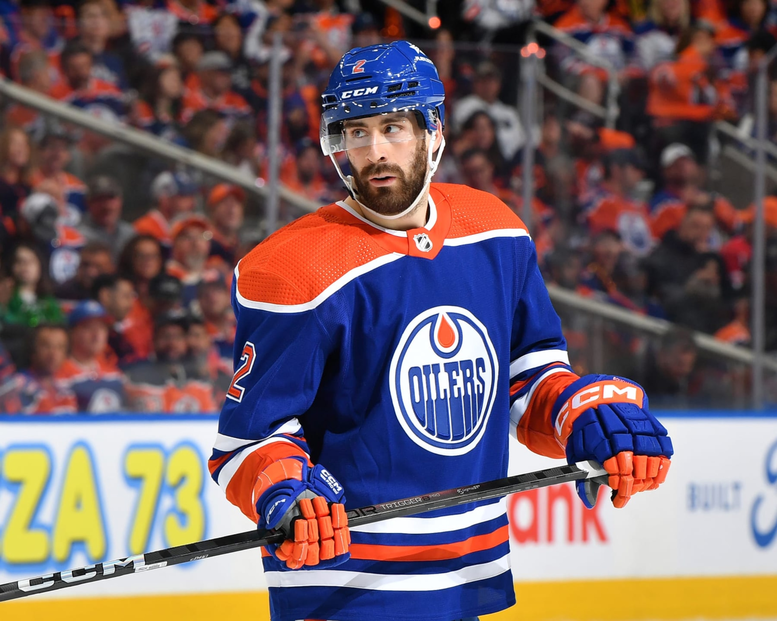 EDMONTON, CANADA - MAY 29: Evan Bouchard #2 of the Edmonton Oilers awaits a face-off during Game Four of the Western Conference Final of the 2024 Stanley Cup Playoffs against the Dallas Stars at Rogers Place on May 29, 2024, in Edmonton, Alberta, Canada. (Photo by Andy Devlin/NHLI via Getty Images)