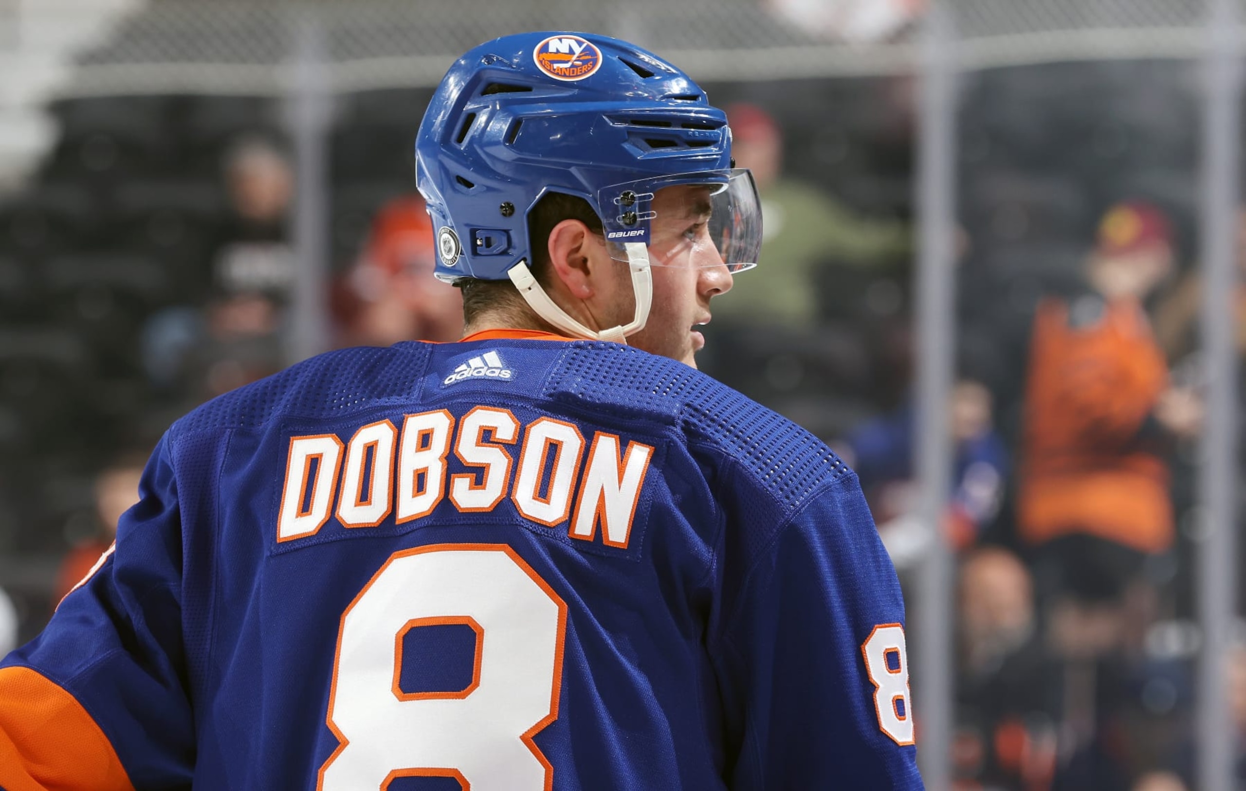 PHILADELPHIA, PENNSYLVANIA - APRIL 01:  Noah Dobson #8 of the New York Islanders looks on during warm-ups prior to his game against the Philadelphia Flyers at the Wells Fargo Center on April 1, 2024 in Philadelphia, Pennsylvania.  (Photo by Len Redkoles/NHLI via Getty Images)