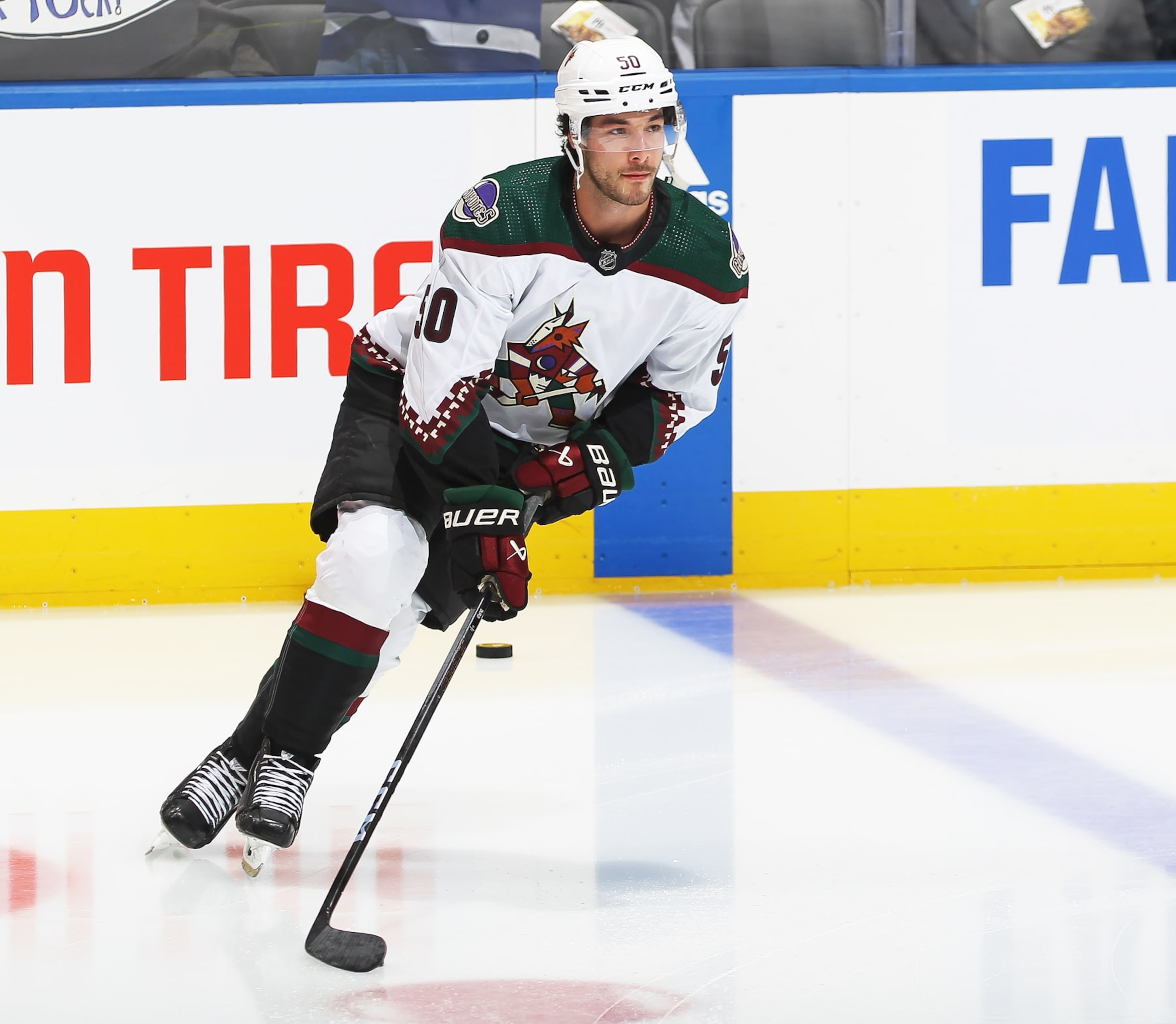 TORONTO, CANADA - FEBRUARY 29:  Sean Durzi #50 of the Arizona Coyotes warms up prior to playing against the Toronto Maple Leafs in an NHL game at Scotiabank Arena on February 29, 2024 in Toronto, Ontario, Canada. (Photo by Claus Andersen/Getty Images)