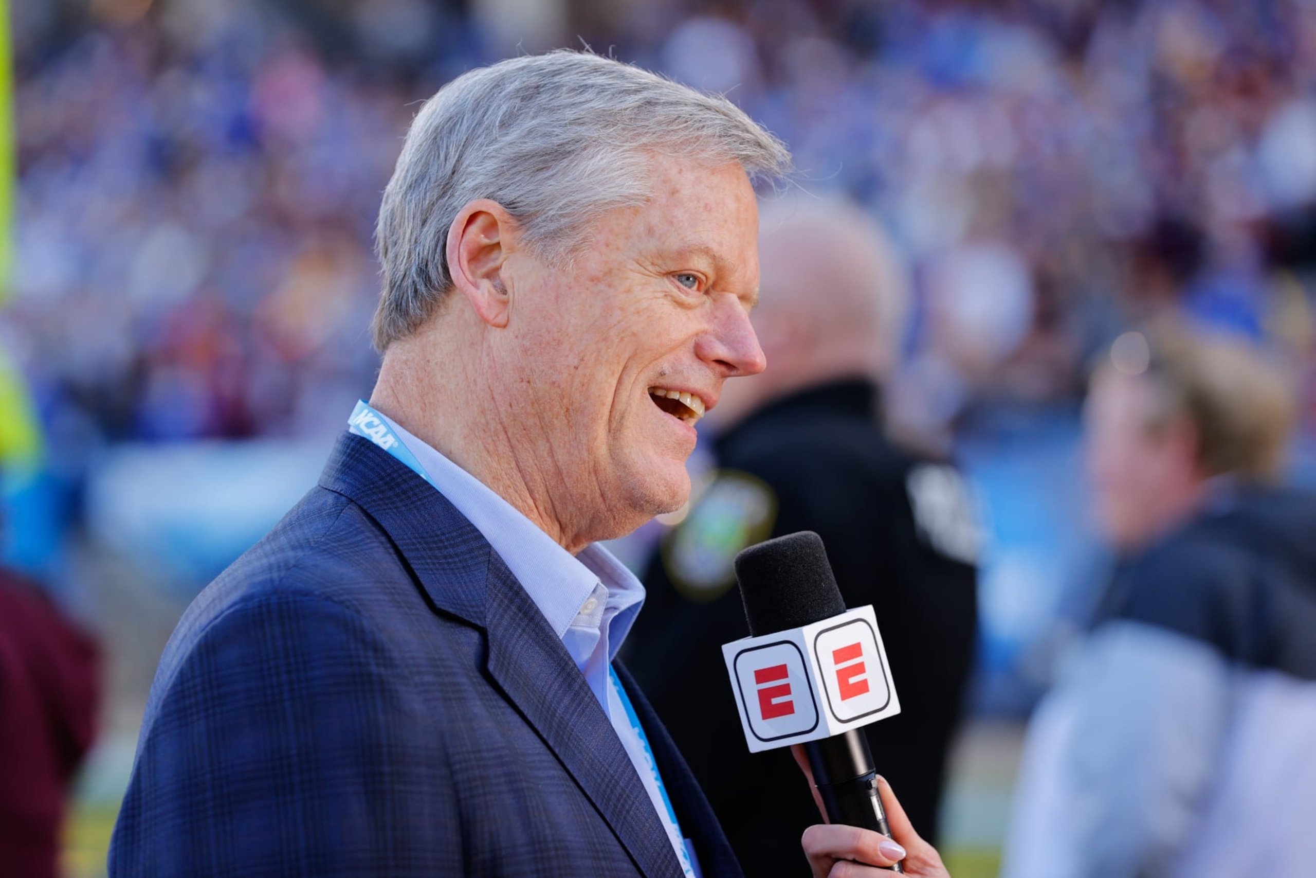 FRISCO, TEXAS - JANUARY 7: NCAA President Charlie Baker interviews from the sideline during the game between the South Dakota State Jackrabbits and the Montana Grizzlies during the Division I FCS Football Championship held at Toyota Stadium on January 7, 2024 in Frisco, Texas. (Photo by C. Morgan Engel/NCAA Photos via Getty Images)
