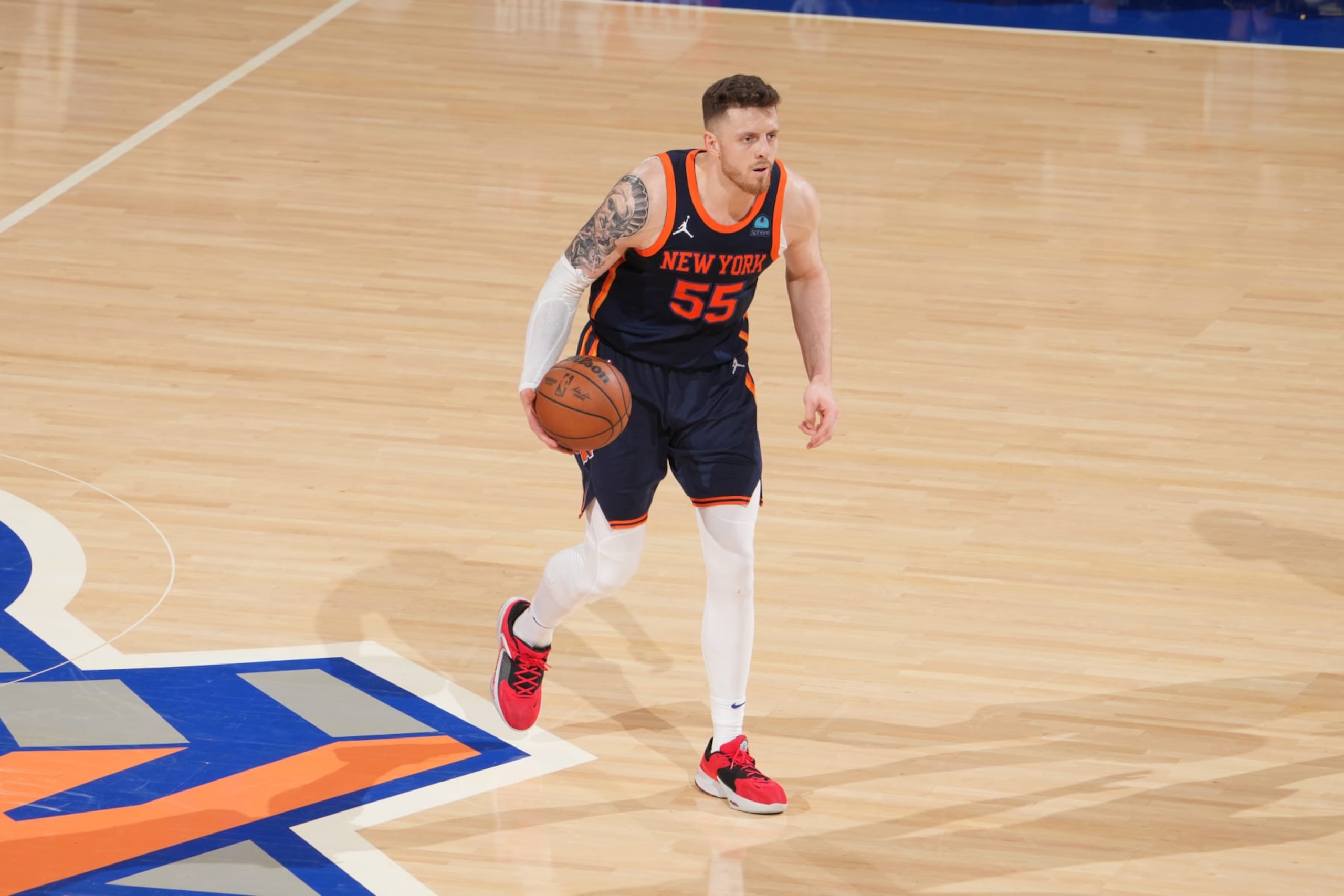 NEW YORK, NY - MAY 8: Isaiah Hartenstein #55 of the New York Knicks dribbles the ball during the game against the Indiana Pacers during Round 2 Game 2 of the 2024 NBA Playoffs on May 8, 2024 at Madison Square Garden in New York City, New York. NOTE TO USER: User expressly acknowledges and agrees that, by downloading and or using this photograph, User is consenting to the terms and conditions of the Getty Images License Agreement. Mandatory Copyright Notice: Copyright 2024 NBAE (Photo by Jesse D. Garrabrant/NBAE via Getty Images) NEW YORK, NY - MAY 8: Isaiah Hartenstein #55 of the New York Knicks dribbles the ball during the game against the Indiana Pacers during Round 2 Game 2 of the 2024 NBA Playoffs on May 8, 2024 at Madison Square Garden in New York City, New York. NOTE TO USER: User expressly acknowledges and agrees that, by downloading and or using this photograph, User is consenting to the terms and conditions of the Getty Images License Agreement. Mandatory Copyright Notice: Copyright 2024 NBAE (Photo by Jesse D. Garrabrant/NBAE via Getty Images)