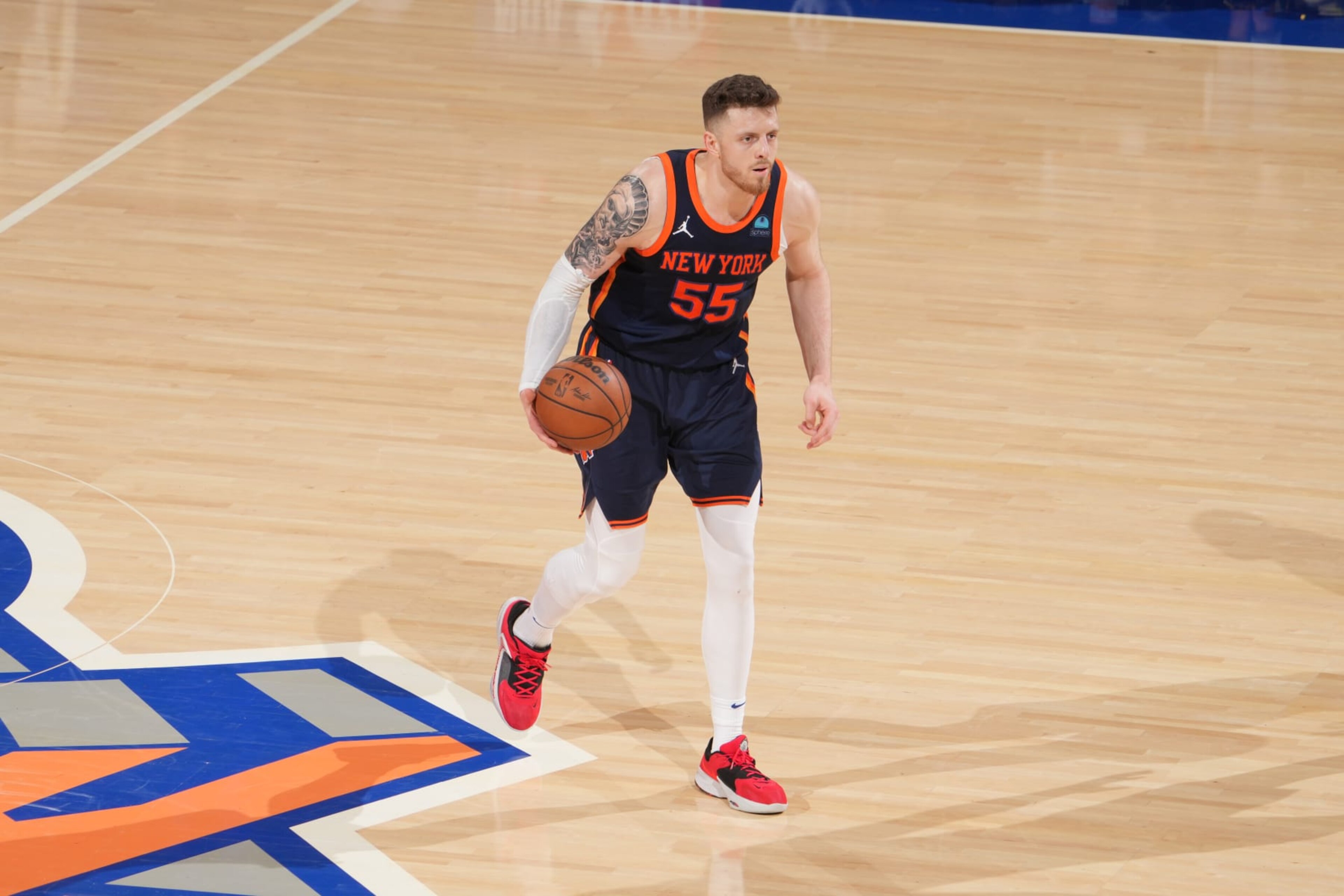 NEW YORK, NY - MAY 8: Isaiah Hartenstein #55 of the New York Knicks dribbles the ball during the game against the Indiana Pacers during Round 2 Game 2 of the 2024 NBA Playoffs on May 8, 2024 at Madison Square Garden in New York City, New York. NOTE TO USER: User expressly acknowledges and agrees that, by downloading and or using this photograph, User is consenting to the terms and conditions of the Getty Images License Agreement. Mandatory Copyright Notice: Copyright 2024 NBAE (Photo by Jesse D. Garrabrant/NBAE via Getty Images) NEW YORK, NY - MAY 8: Isaiah Hartenstein #55 of the New York Knicks dribbles the ball during the game against the Indiana Pacers during Round 2 Game 2 of the 2024 NBA Playoffs on May 8, 2024 at Madison Square Garden in New York City, New York. NOTE TO USER: User expressly acknowledges and agrees that, by downloading and or using this photograph, User is consenting to the terms and conditions of the Getty Images License Agreement. Mandatory Copyright Notice: Copyright 2024 NBAE (Photo by Jesse D. Garrabrant/NBAE via Getty Images)