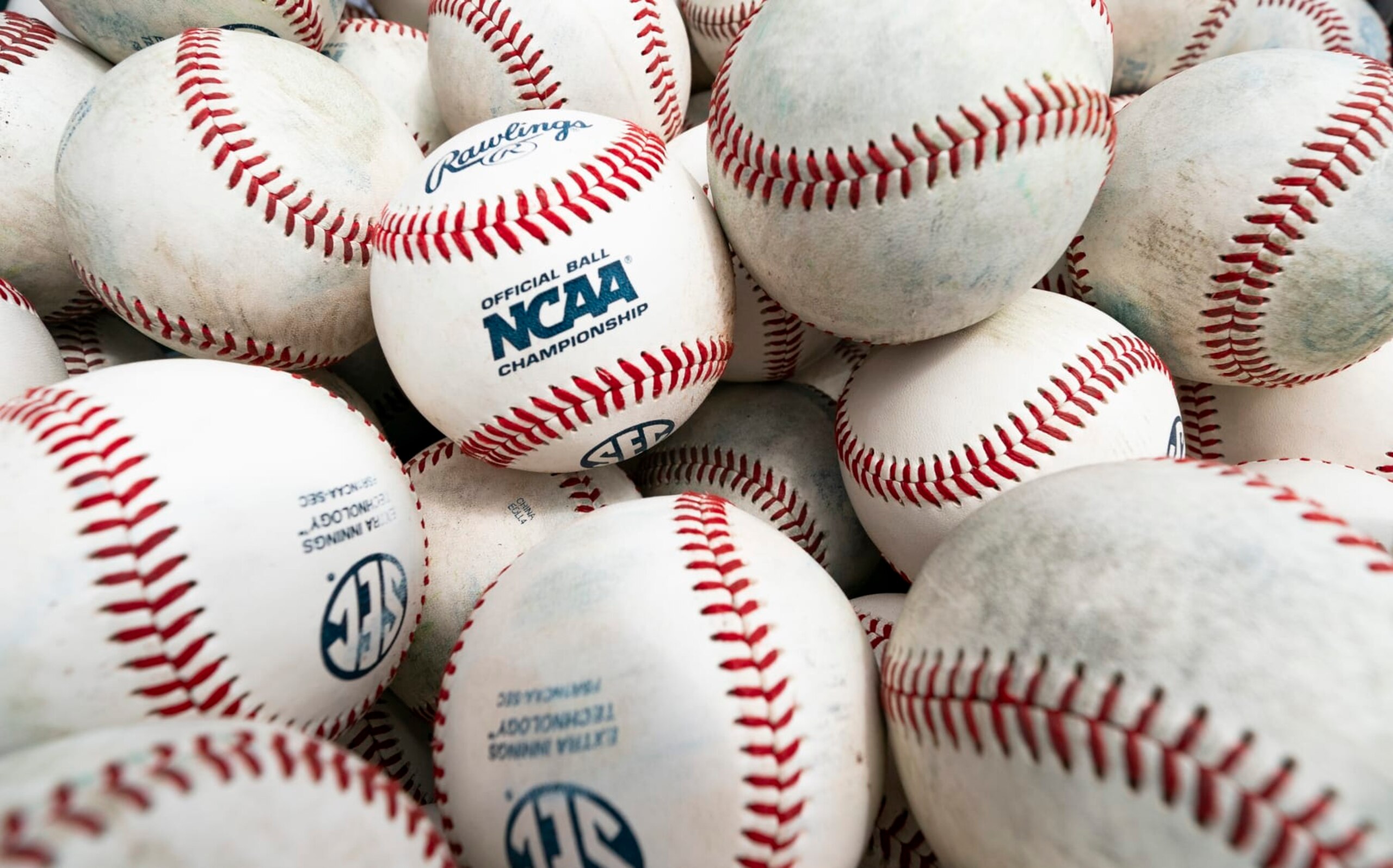 OMAHA, NEBRASKA - JUNE 25: A detailed view of baseballs prior to Game 2 of the NCAA College World Series baseball finals between the Florida Gators and the LSU Tigers at Charles Schwab Field on June 25, 2023 in Omaha, Nebraska. (Photo by Jay Biggerstaff/Getty Images)