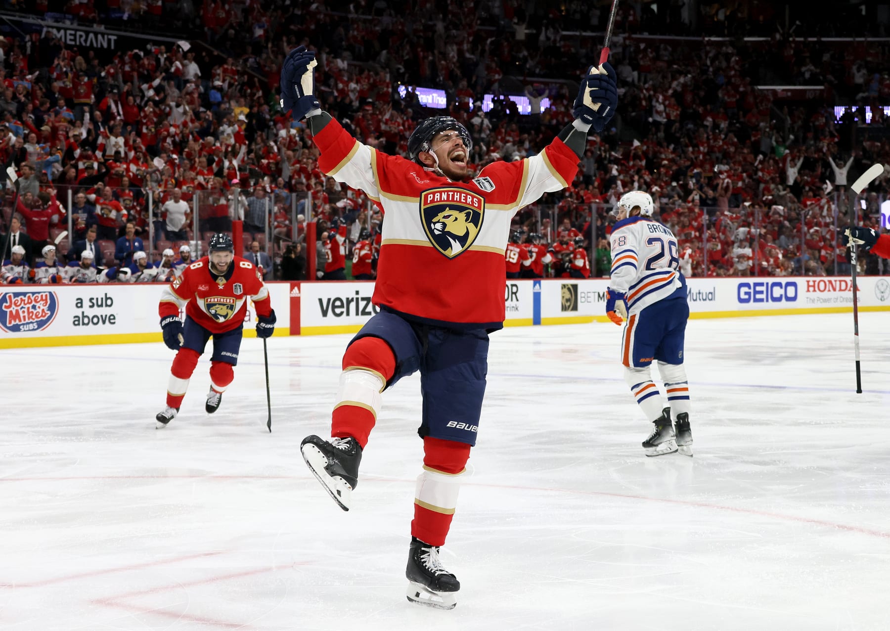 SUNRISE, FLORIDA - JUNE 10: Evan Rodrigues #17 of the Florida Panthers celebrates after scoring a goal against the Edmonton Oilers during the third period in Game Two of the 2024 Stanley Cup Final at Amerant Bank Arena on June 10, 2024 in Sunrise, Florida. (Photo by Bruce Bennett/Getty Images)