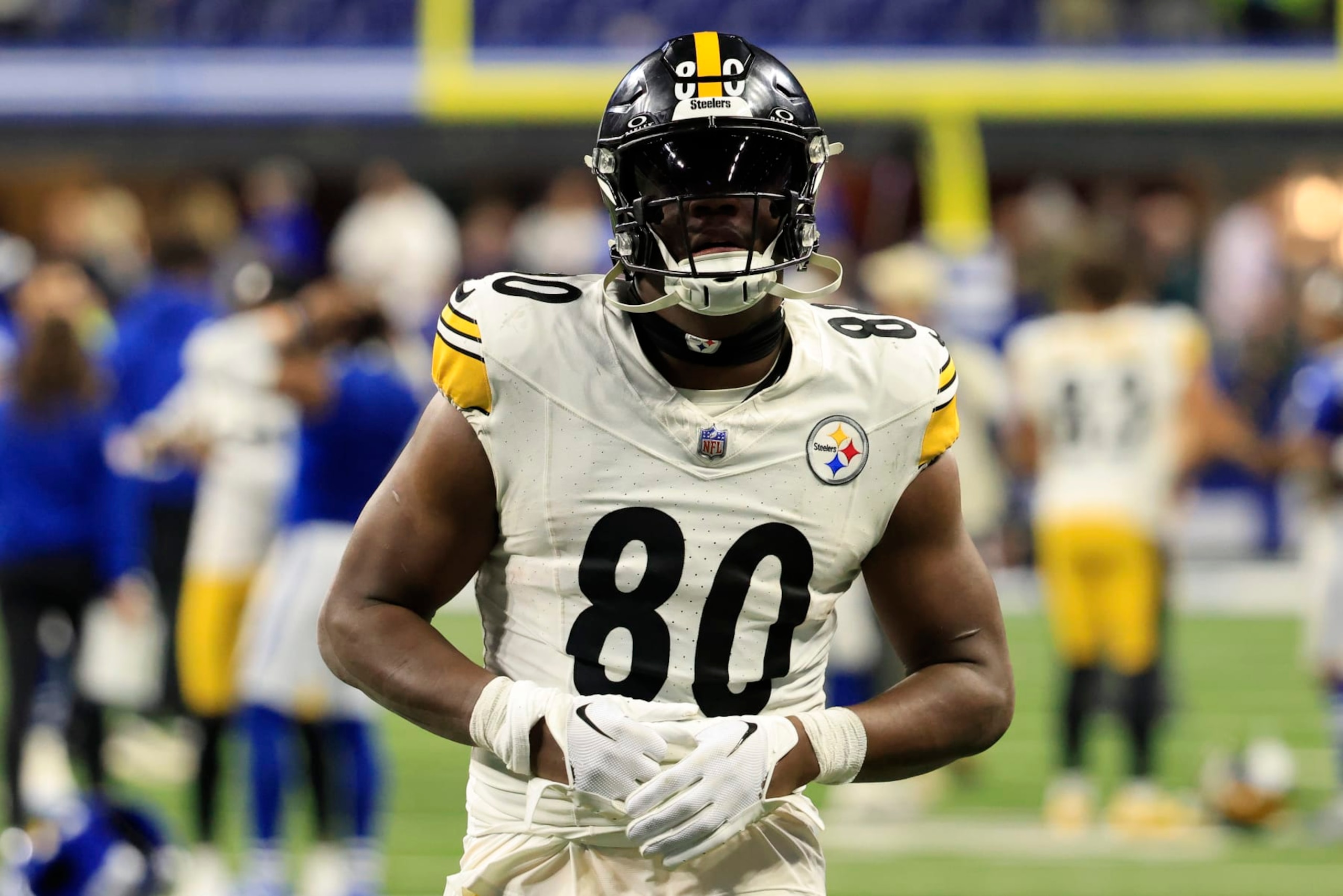 INDIANAPOLIS, INDIANA - DECEMBER 16: Darnell Washington #80 of the Pittsburgh Steelers walks off the field after a loss to the Indianapolis Colts at Lucas Oil Stadium on December 16, 2023 in Indianapolis, Indiana. (Photo by Justin Casterline/Getty Images)