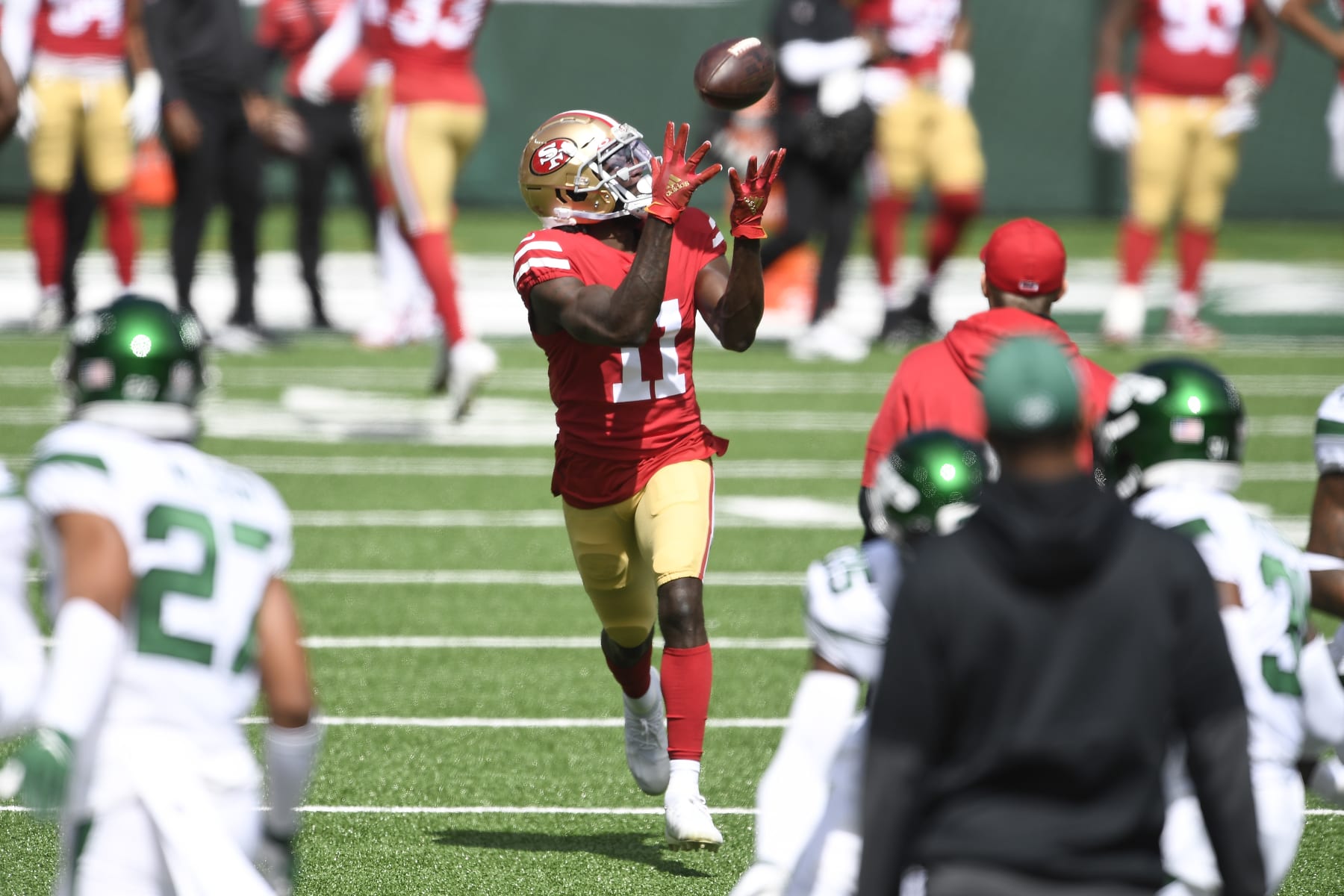 EAST RUTHERFORD, NEW JERSEY - SEPTEMBER 20: Brandon Aiyuk #11 of the San Francisco 49ers runs a drill during warmups before the game against the New York Jets at MetLife Stadium on September 20, 2020 in East Rutherford, New Jersey. (Photo by Sarah Stier/Getty Images)
