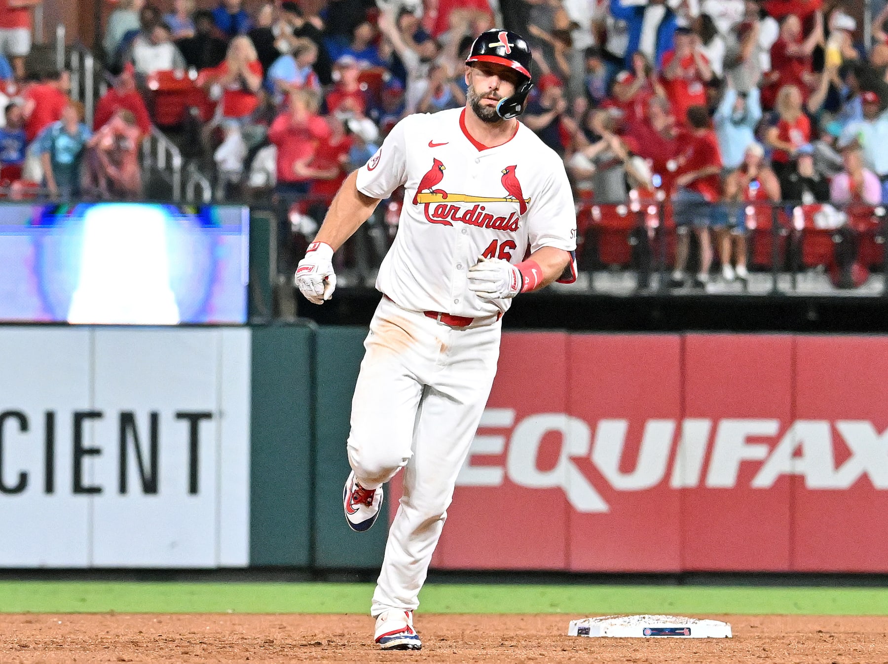 ST. LOUIS, MO - MAY 26: St. Louis Cardinals first baseman Paul Goldschmidt (46) runs the bases after hitting a two-run home run in the fifth inning during a MLB game between the Chicago Cubs and the St. Louis Cardinals on May 26, 2024, at Busch Stadium, St. Louis, MO.  (Photo by Keith Gillett/Icon Sportswire via Getty Images)