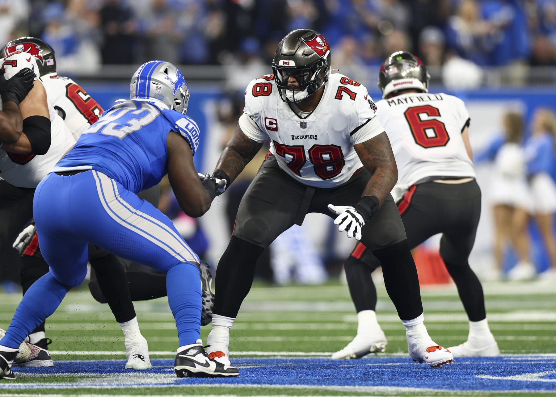 DETROIT, MI - JANUARY 21: Tristan Wirfs #78 of the Tampa Bay Buccaneers blocks during an NFL divisional round playoff football game against the Detroit Lions at Ford Field on January 21, 2024 in Detroit, Michigan. (Photo by Kevin Sabitus/Getty Images)