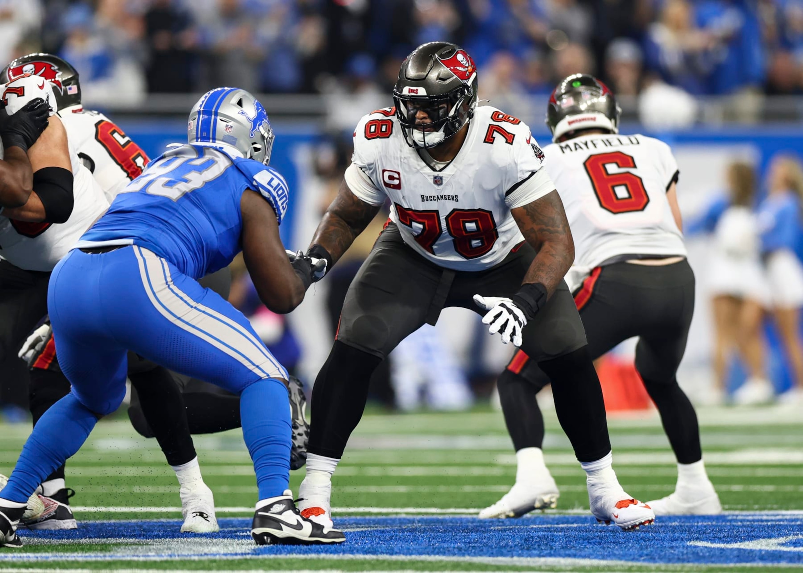 DETROIT, MI - JANUARY 21: Tristan Wirfs #78 of the Tampa Bay Buccaneers blocks during an NFL divisional round playoff football game against the Detroit Lions at Ford Field on January 21, 2024 in Detroit, Michigan. (Photo by Kevin Sabitus/Getty Images) DETROIT, MI - JANUARY 21: Tristan Wirfs #78 of the Tampa Bay Buccaneers blocks during an NFL divisional round playoff football game against the Detroit Lions at Ford Field on January 21, 2024 in Detroit, Michigan. (Photo by Kevin Sabitus/Getty Images)