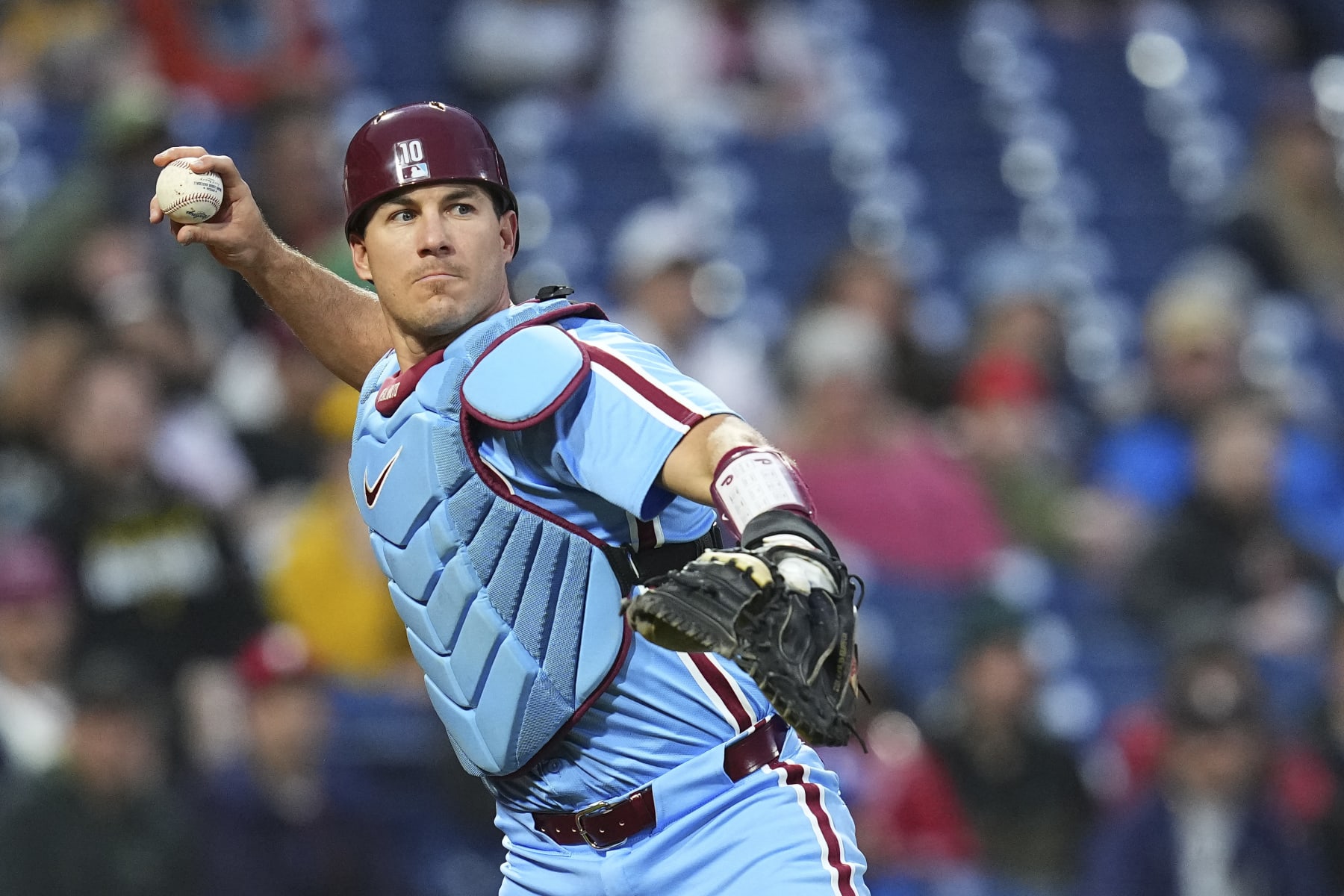 PHILADELPHIA, PENNSYLVANIA - APRIL 11: J.T. Realmuto #10 of the Philadelphia Phillies throws the ball to first against the Pittsburgh Pirates at Citizens Bank Park on April 11, 2024 in Philadelphia, Pennsylvania. The Phillies defeated the Pirates 5-1. (Photo by Mitchell Leff/Getty Images)