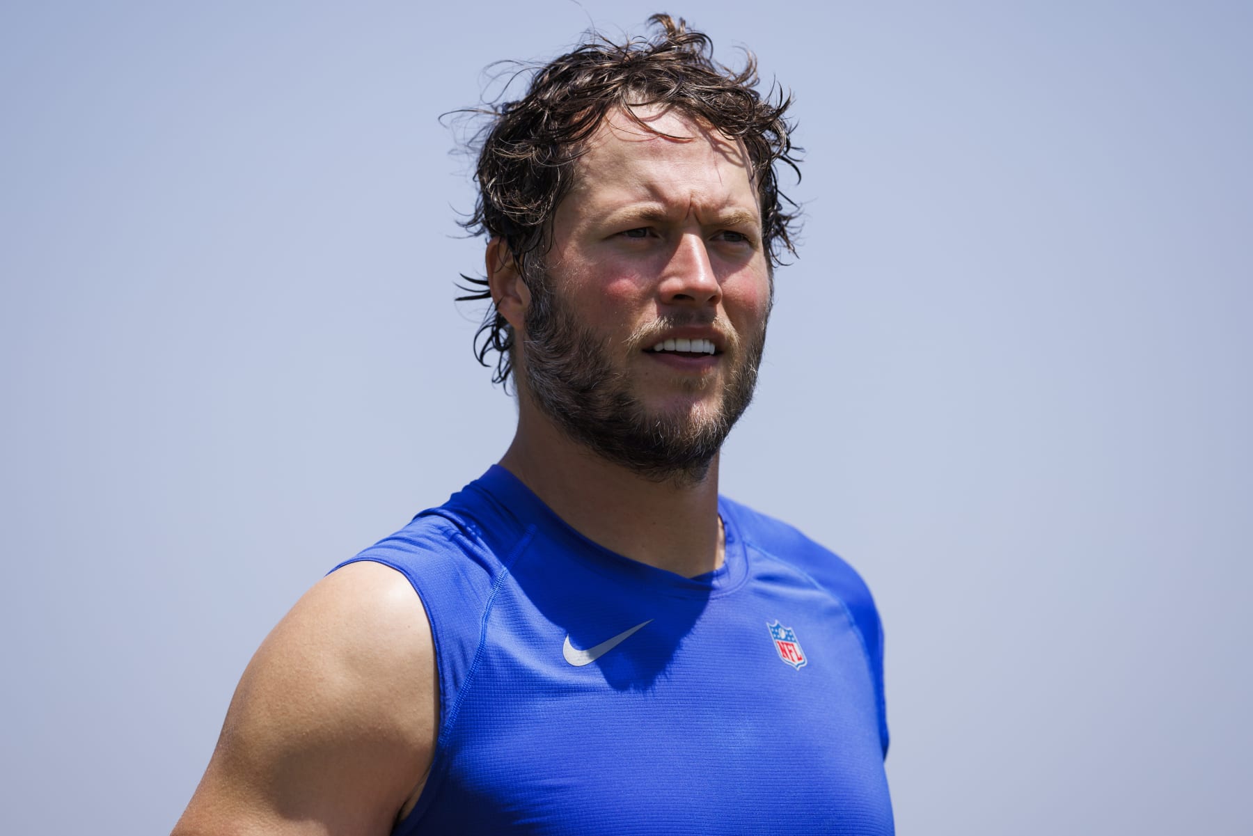 THOUSAND OAKS, CALIFORNIA - JUNE 4: Matthew Stafford #9 of the Los Angeles Rams walks off the field during an NFL football organized team activity on June 4, 2024 in Thousand Oaks, California. (Photo by Ric Tapia/Getty Images)