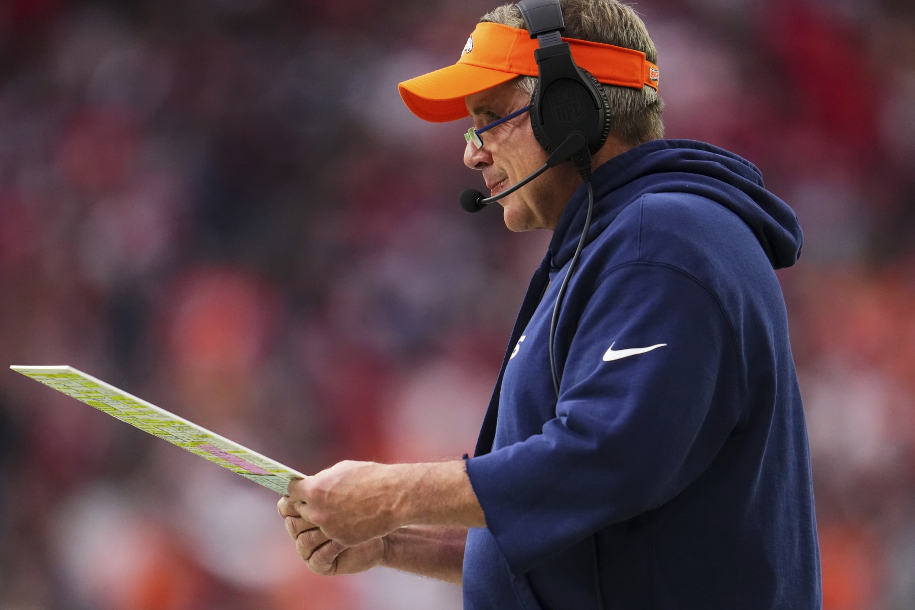 HOUSTON, TX - DECEMBER 03: Denver Broncos head coach Sean Payton looks on against the Houston Texans during the second half at NRG Stadium on December 3, 2023 in Houston, Texas. (Photo by Cooper Neill/Getty Images)