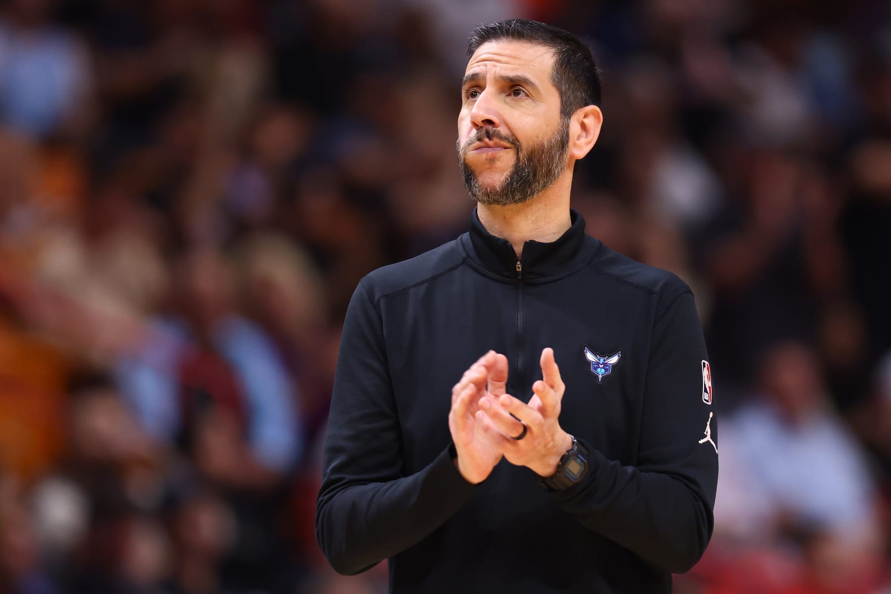 MIAMI, FLORIDA - APRIL 05: Head coach James Borrego of the Charlotte Hornets reacts against the Miami Heat during the second half at FTX Arena on April 05, 2022 in Miami, Florida. NOTE TO USER: User expressly acknowledges and agrees that, by downloading and or using this photograph, User is consenting to the terms and conditions of the Getty Images License Agreement. (Photo by Michael Reaves/Getty Images)