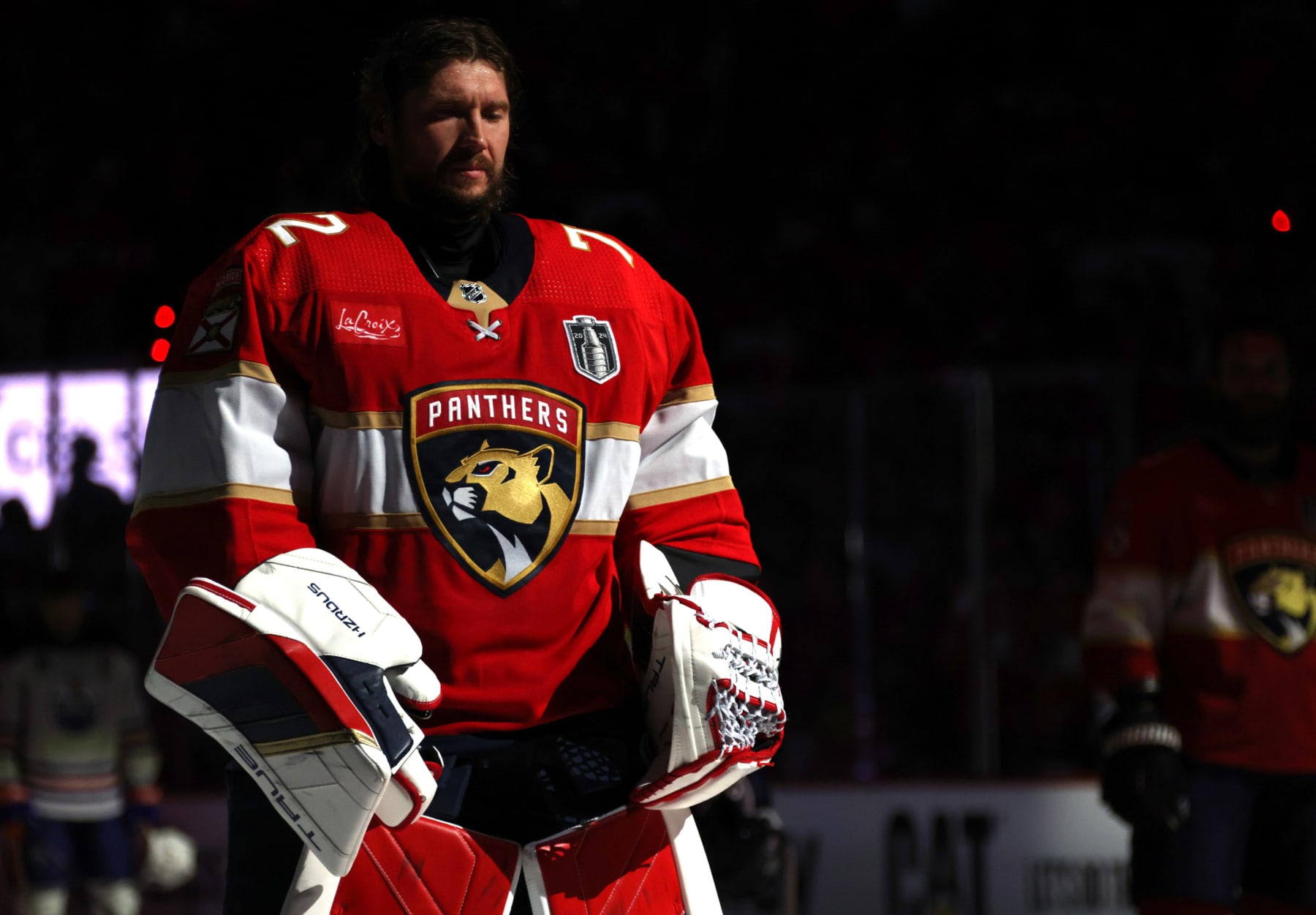 SUNRISE, FLORIDA - JUNE 10: Goaltender Sergei Bobrovsky #72 of the Florida Panthers is seen on the ice during the singing of the national anthem before Game Two of the 2024 Stanley Cup Final between the Edmonton Oilers and the Florida Panthers at Amerant Bank Arena on June 10, 2024 in Sunrise, Florida. (Photo by Dave Sandford/NHLI via Getty Images)