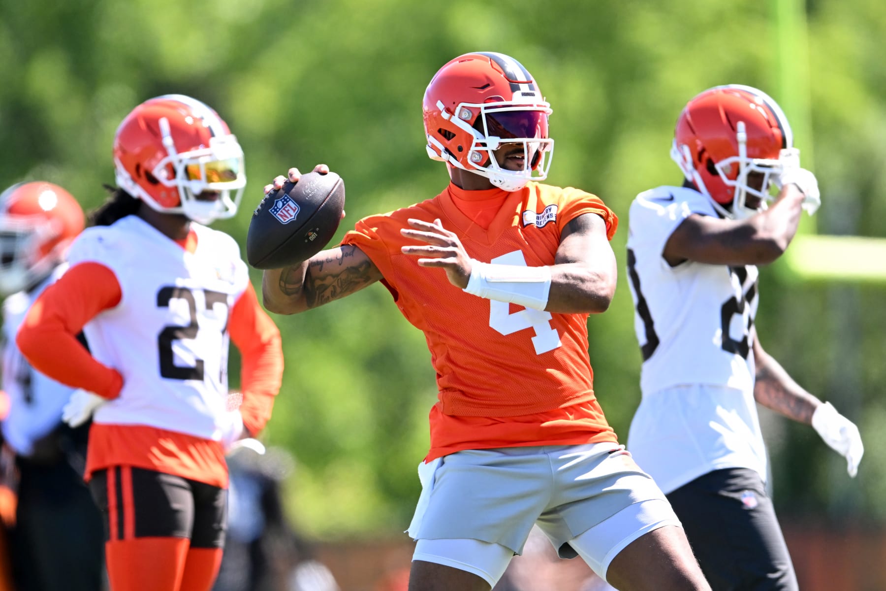 BEREA, OHIO - MAY 30: Deshaun Watson #4 of the Cleveland Browns throws a pass during an OTA offseason workout at their CrossCountry Mortgage Campus on May 30, 2024 in Berea, Ohio. (Photo by Nick Cammett/Getty Images)