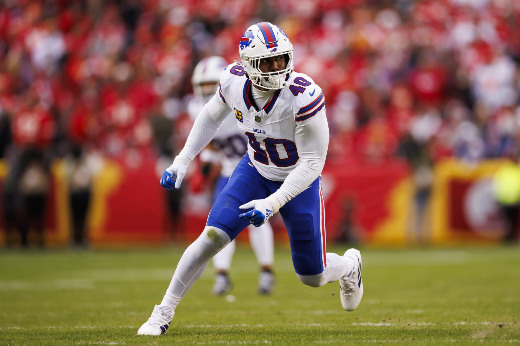 KANSAS CITY, MISSOURI - DECEMBER 10: Von Miller #40 of the Buffalo Bills runs around the edge during an NFL football game against the Kansas City Chiefs at GEHA Field at Arrowhead Stadium on December 10, 2023 in Kansas City, Missouri. (Photo by Ryan Kang/Getty Images)