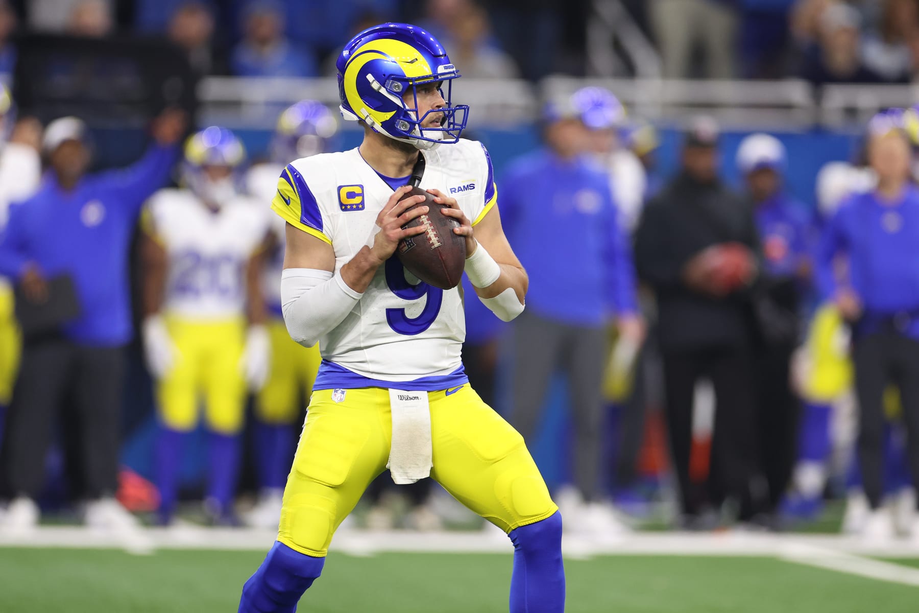 DETROIT, MICHIGAN - JANUARY 14: Matthew Stafford #9 of the Los Angeles Rams plays against Detroit Lions during a NFC Wild Card Playoff game at Ford Field on January 14, 2024 in Detroit, Michigan. (Photo by Gregory Shamus/Getty Images)