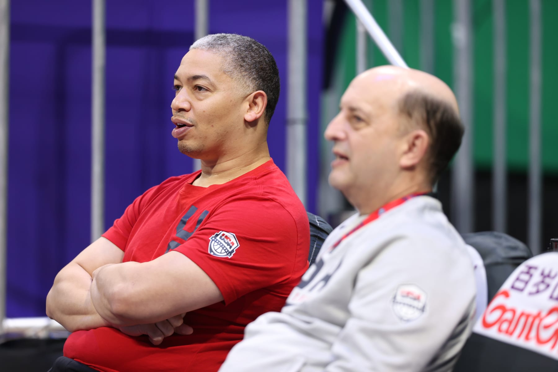 MANILA, PHILIPPINES - AUGUST 30: Assistant Coach Tyronn Lue chats with Jeff Van Gundy of the USA Men's Senior National Team against Jordan as part of the 2023 FIBA World Cup on August 30, 2023 at Mall of Asia Arena in Manila, Philippines. NOTE TO USER: User expressly acknowledges and agrees that, by downloading and/or using this photograph, user is consenting to the terms and conditions of the Getty Images License Agreement. Mandatory Copyright Notice: Copyright 2023 NBAE (Photo by Stephen Gosling/NBAE via Getty Images)