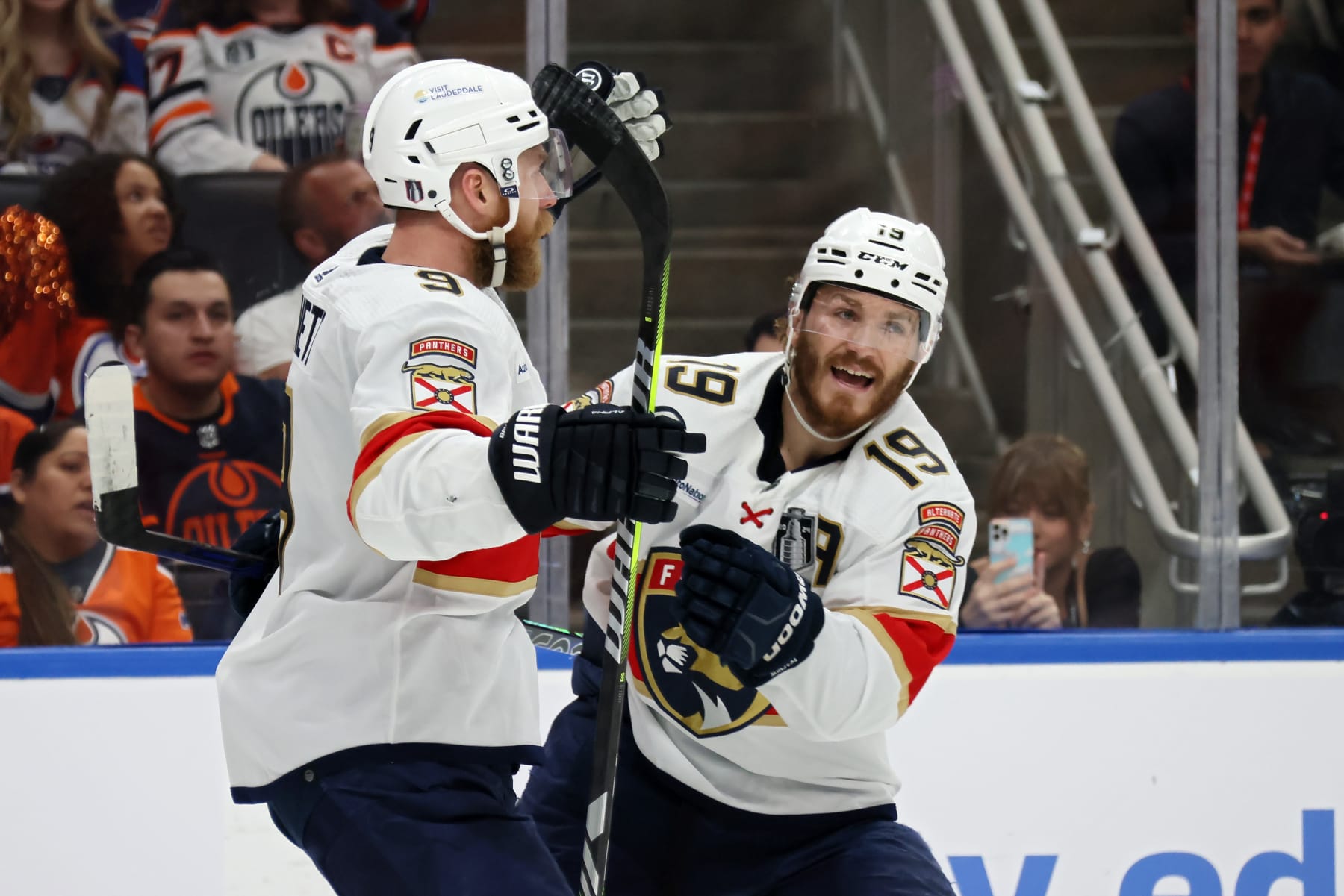 EDMONTON, CANADA - JUNE 13: Sam Bennett #9 and Matthew Tkachuk #19 of the Florida Panthers celebrate after Bennett's goal against the Edmonton Oilers during the second period of Game Three of the 2024 Stanley Cup Final at Rogers Place on June 13, 2024 in Edmonton, Alberta, Canada. (Photo by Bruce Bennett/Getty Images)