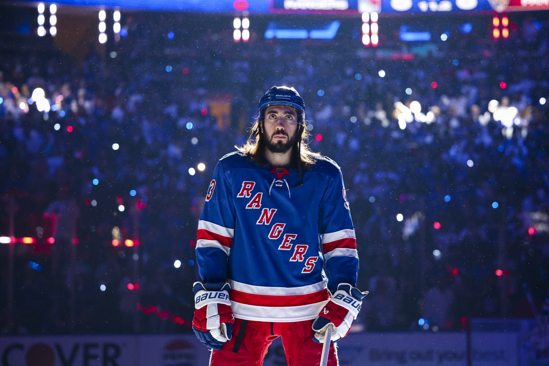 NEW YORK, NY - MAY 24: Mika Zibanejad #93 of the New York Rangers on the ice during the anthem period to the game against the Florida Panthers in Game Two of the Eastern Conference Final of the 2024 Stanley Cup Playoffs at Madison Square Garden on May 24, 2024 in New York City. (Photo by Jared Silber/NHLI via Getty Images)