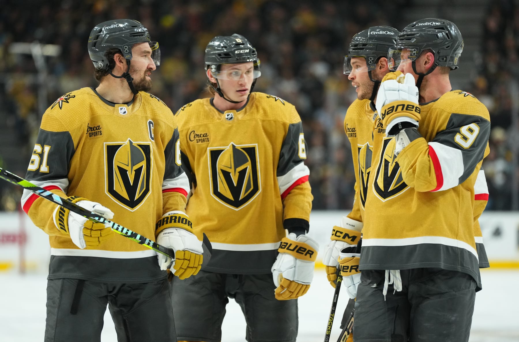LAS VEGAS, NEVADA - JANUARY 11: Jack Eichel #9 of the Vegas Golden Knights talks with teammates during the first period against the Boston Bruins at T-Mobile Arena on January 11, 2024 in Las Vegas, Nevada. (Photo by Jeff Bottari/NHLI via Getty Images)