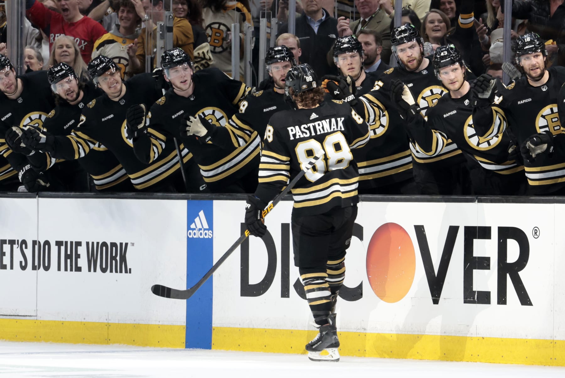 BOSTON, MA - MAY 12: Boston Bruins right wing David Pastrnak (88) passes the bench after opening the scoring during Game 4 of the Eastern Conference Second Round playoffs between the Boston Bruins and the Florida Panthers on May 12 2024, at TD Garden in Boston, Massachusetts.(Photo by Fred Kfoury III/Icon Sportswire via Getty Images)