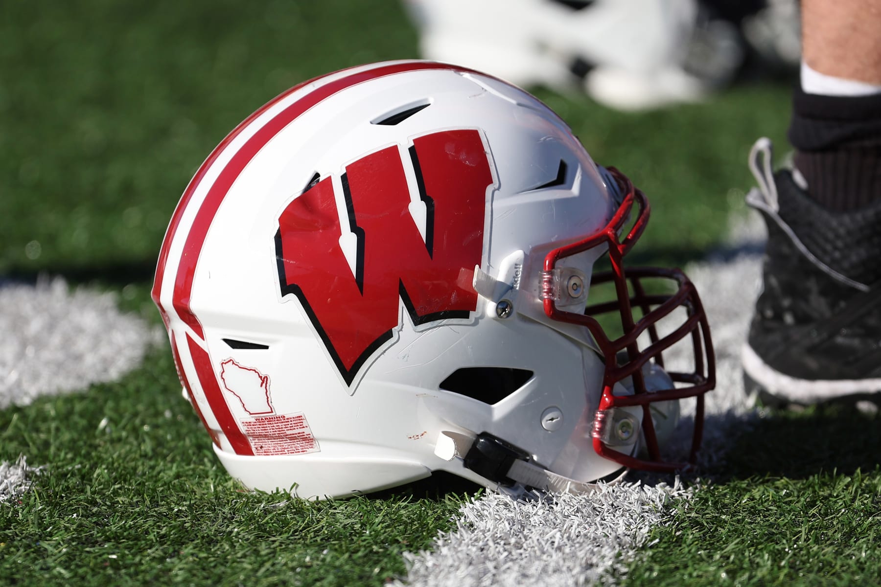 MOBILE, AL - JANUARY 31: A general view of a Wisconsin Badgers helmet during the National team practice for the Reese's Senior Bowl on January 31, 2024 at Hancock Whitney Stadium in Mobile, Alabama.  (Photo by Michael Wade/Icon Sportswire via Getty Images)