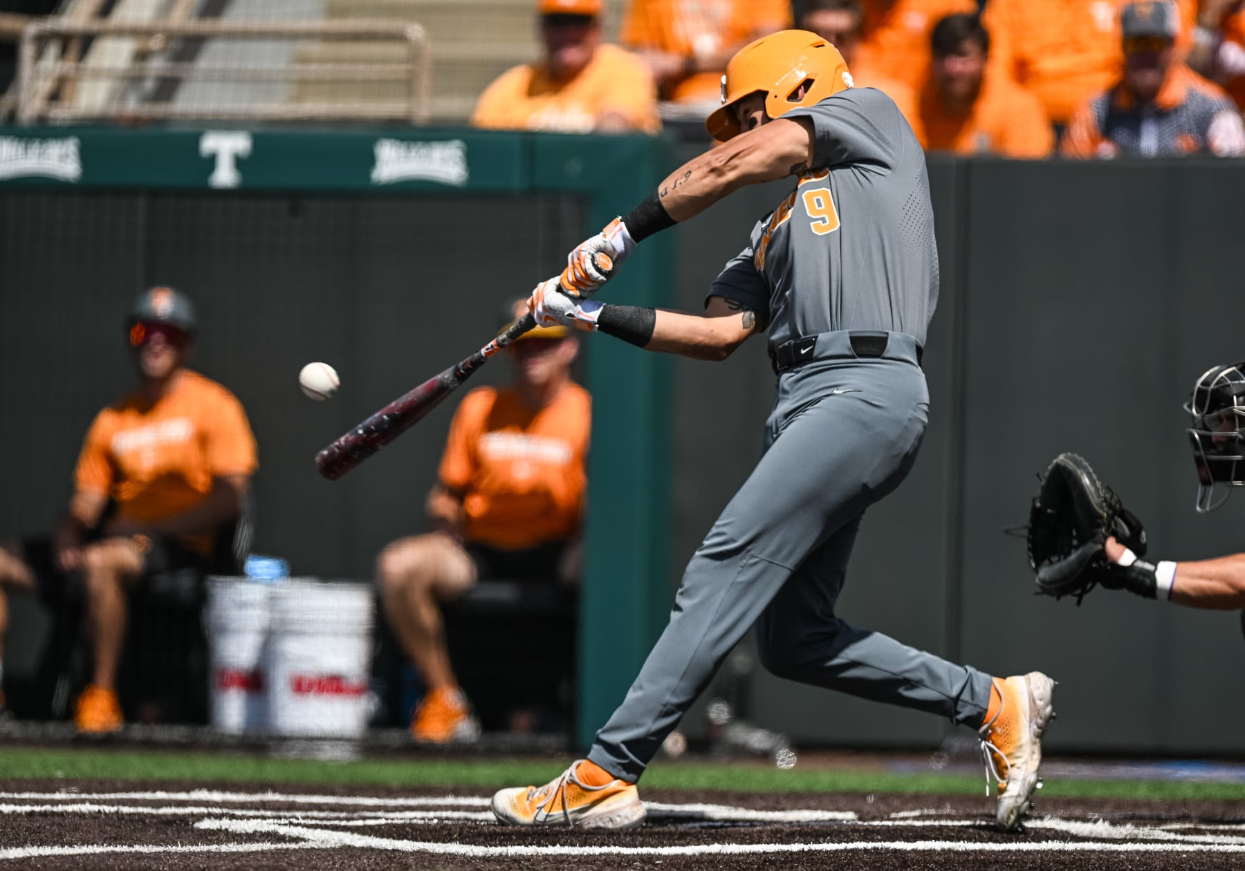 KNOXVILLE, TN - JUNE 07: Tennessee outfielder Hunter Ensley (9) hits the gall during the NCAA Men's Baseball Super Regional game between the Tennessee Volunteers and the Evansville Aces on June 8, 2024, at Lindsey Nelson Stadium in Knoxville, TN. (Photo by Bryan Lynn/Icon Sportswire via Getty Images)