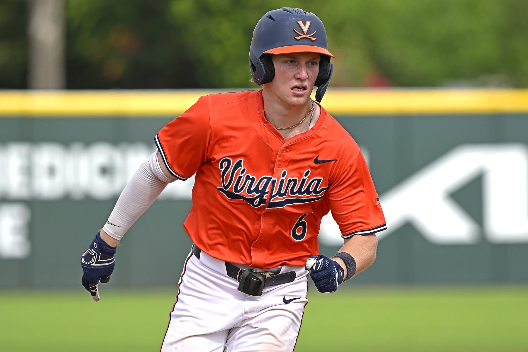 CORAL GABLES, FL - MARCH 10: Virginia infielder Griff O'Ferrall (6) runs to third base in the seventh inning as the Miami Hurricanes faced the Virginia Cavaliers on March 10, 2024, at Mark Light Field at Alex Rodriguez Park in Coral Gables, Florida. (Photo by Samuel Lewis/Icon Sportswire via Getty Images)