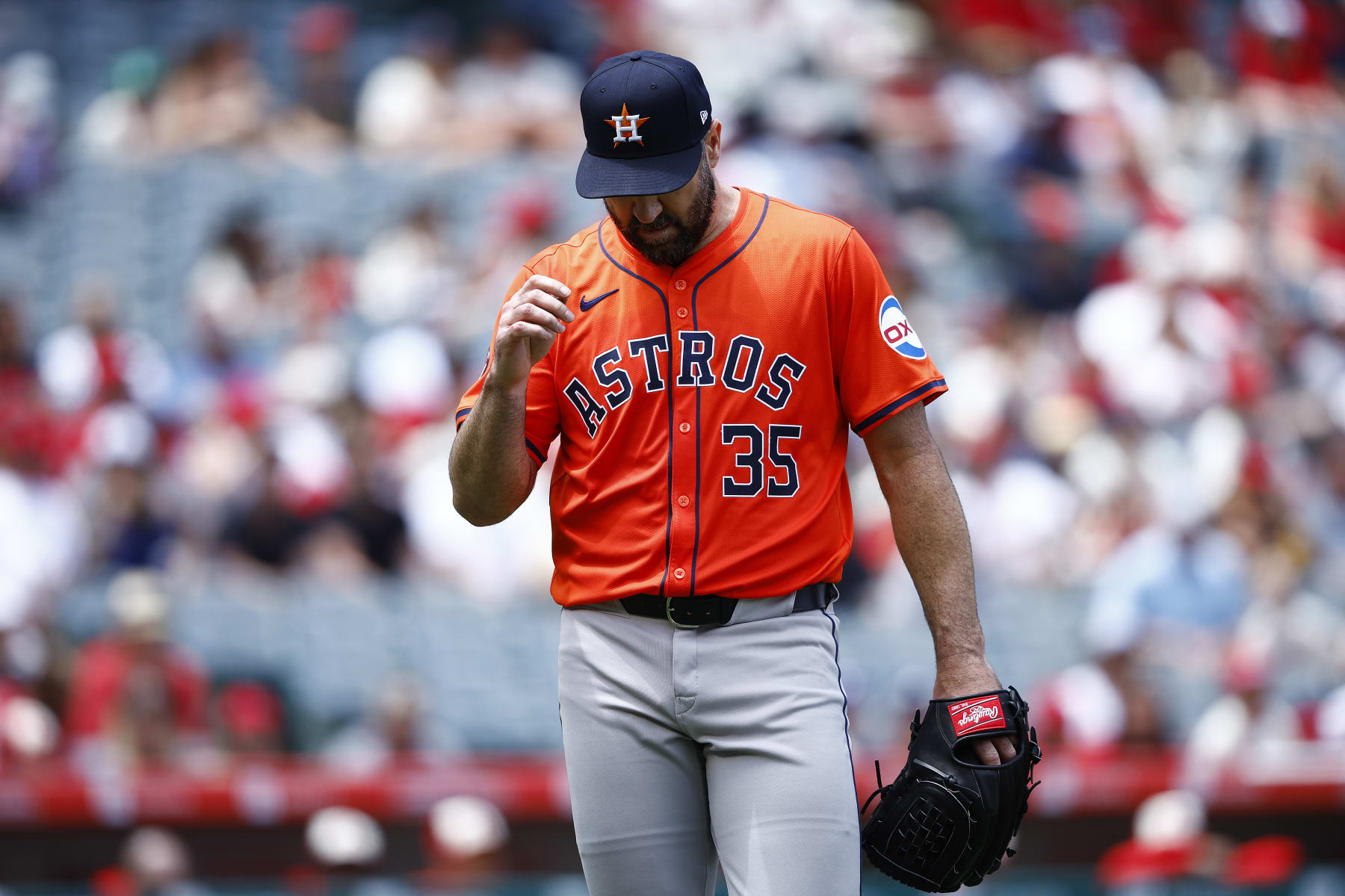 ANAHEIM, CALIFORNIA - JUNE 09:  Justin Verlander #35 of the Houston Astros walks to the dugout after the third out against the Los Angeles Angels in the second inning at Angel Stadium of Anaheim on June 09, 2024 in Anaheim, California. (Photo by Ronald Martinez/Getty Images)