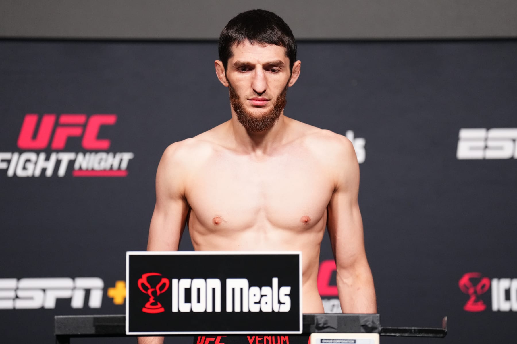 LAS VEGAS, NEVADA - JUNE 14: Tagir Ulanbekov of Russia poses on the scale during the UFC Fight Night weigh-in at UFC APEX on June 14, 2024 in Las Vegas, Nevada. (Photo by Chris Unger/Zuffa LLC via Getty Images)