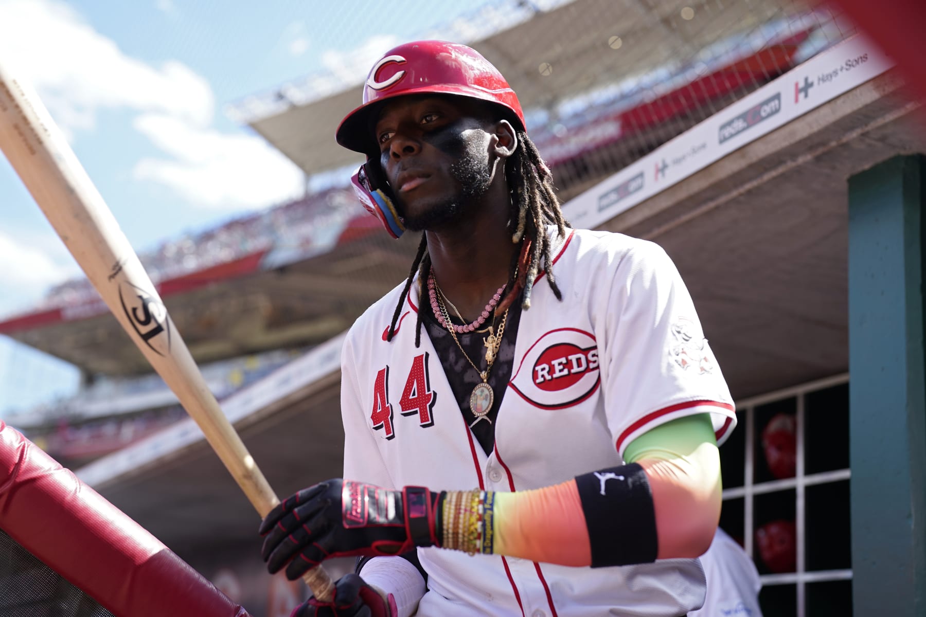 CINCINNATI, OHIO - JUNE 09: Elly De La Cruz #44 of the Cincinnati Reds walks out of the dugout during a baseball game against the Chicago Cubs at Great American Ball Park on June 09, 2024 in Cincinnati, Ohio. (Photo by Jeff Dean/Getty Images)