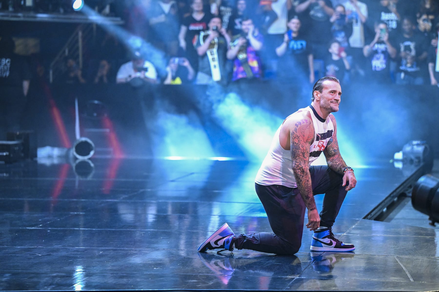 HARTFORD, CONNECTICUT - MAY 6: CM Punk enters the arena during Monday Night RAW at XL Center on May 6, 2024 in Hartford, Connecticut.  (Photo by WWE/Getty Images)