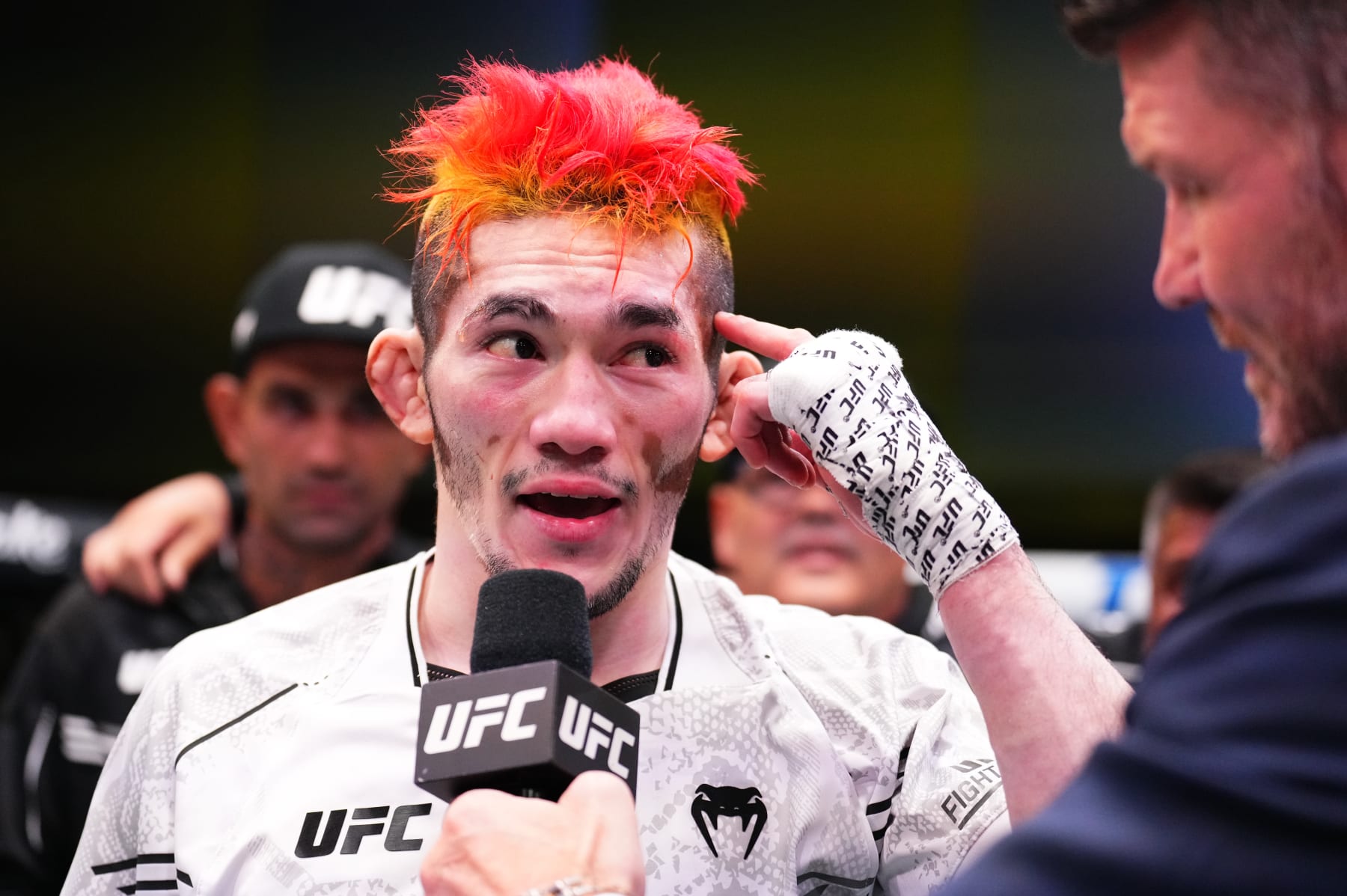 LAS VEGAS, NEVADA - JUNE 15: Melquizael Costa of Brazil reacts after his victory against Shayilan Nuerdanbieke of China in a featherweight fight during the UFC Fight Night event at UFC APEX on June 15, 2024 in Las Vegas, Nevada. (Photo by Chris Unger/Zuffa LLC via Getty Images)