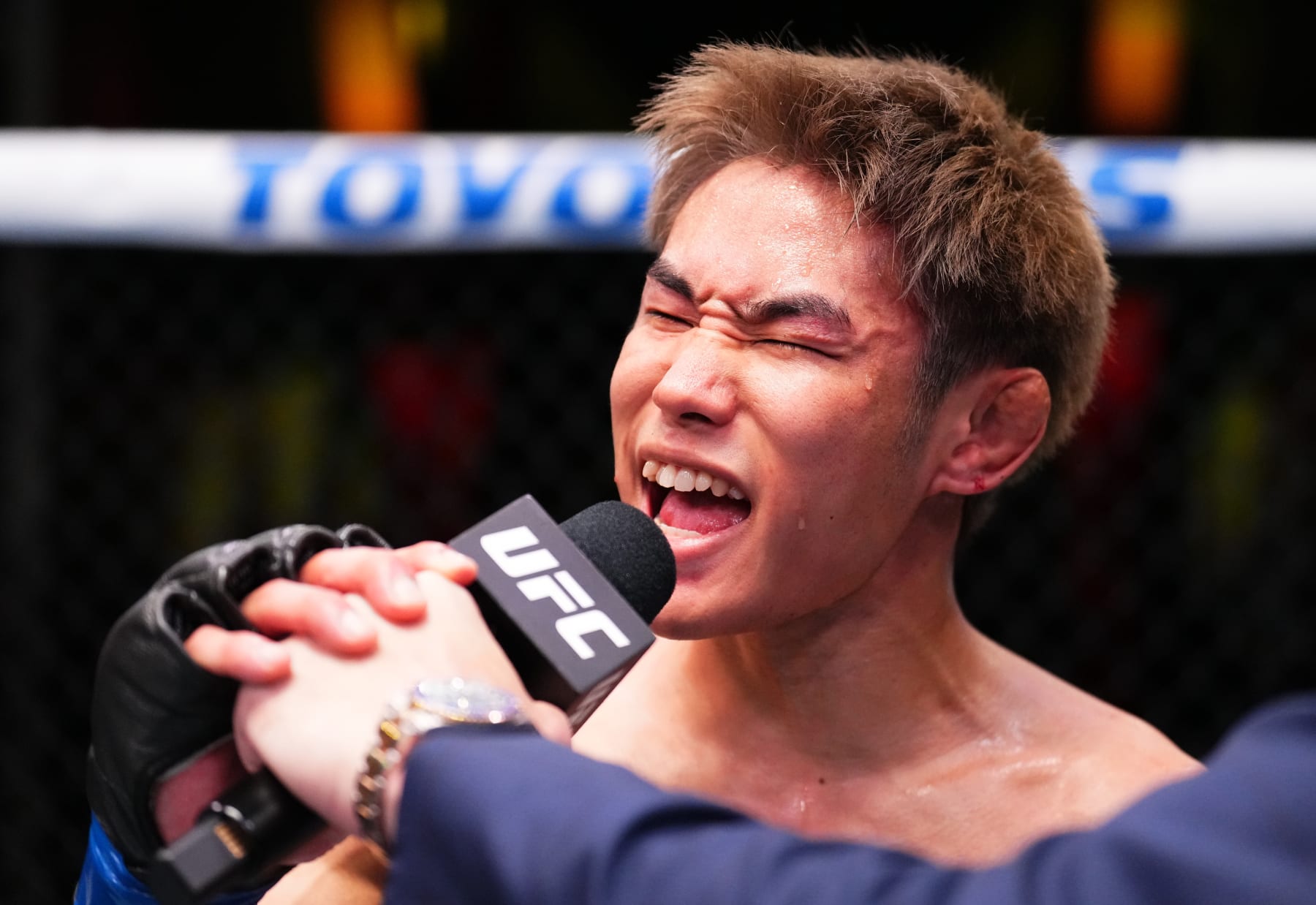LAS VEGAS, NEVADA - JUNE 15: Tatsuro Taira of Japan reacts after his victory against Alex Perez in a flyweight fight during the UFC Fight Night event at UFC APEX on June 15, 2024 in Las Vegas, Nevada. (Photo by Chris Unger/Zuffa LLC via Getty Images)