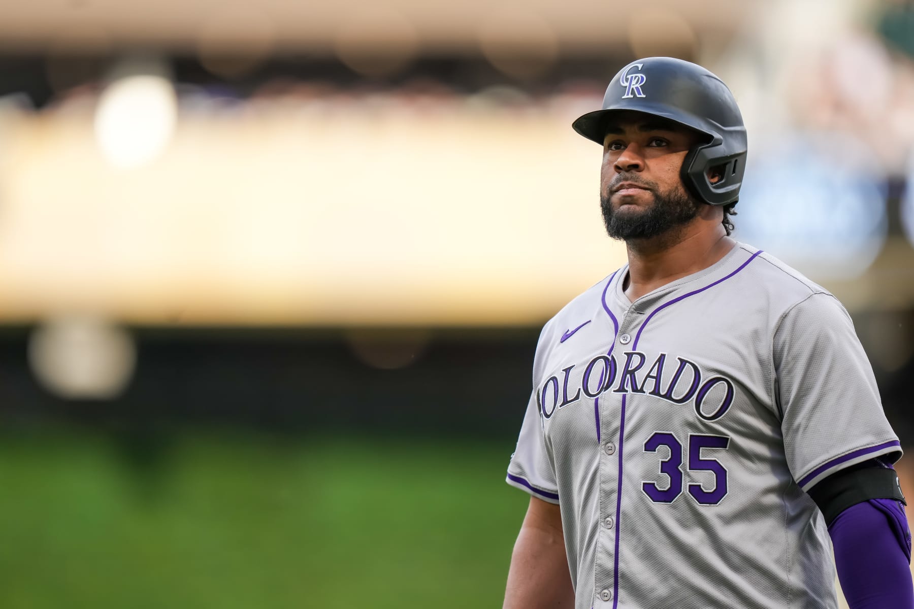 MINNEAPOLIS, MN - JUNE 10: Elias Diaz #35 of the Colorado Rockies looks on against the Minnesota Twins on June 10, 2024 at Target Field in Minneapolis, Minnesota. (Photo by Brace Hemmelgarn/Minnesota Twins/Getty Images)