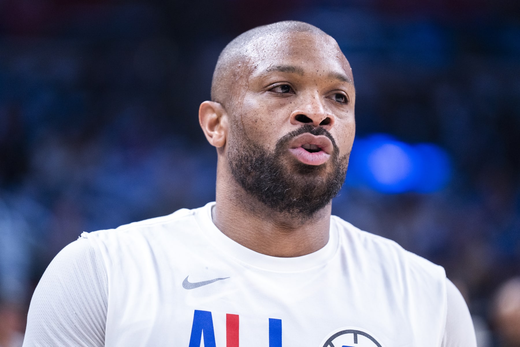 LOS ANGELES, CA - APRIL 21: PJ Tucker #17 of the LA Clippers looks on before the game against the Dallas Mavericks during the 2024 NBA Playoffs on April 21, 2024 at Crypto.Com Arena in Los Angeles, California. NOTE TO USER: User expressly acknowledges and agrees that, by downloading and/or using this Photograph, user is consenting to the terms and conditions of the Getty Images License Agreement. Mandatory Copyright Notice: Copyright 2024 NBAE (Photo by Tyler Ross/NBAE via Getty Images)