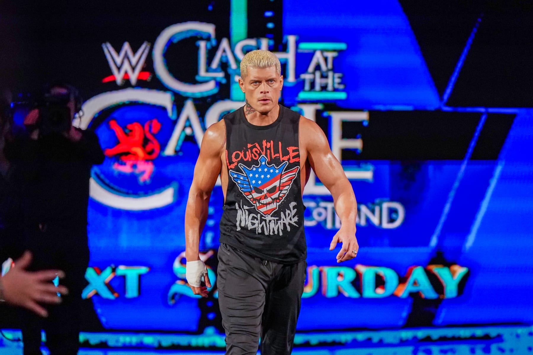 LOUISVILLE, KENTUCKY - JUNE 7: Cody Rhodes makes his way to the ring during SmackDown at KFC YUM! Center on June 7, 2024 in Louisville, Kentucky.  (Photo by WWE/Getty Images)