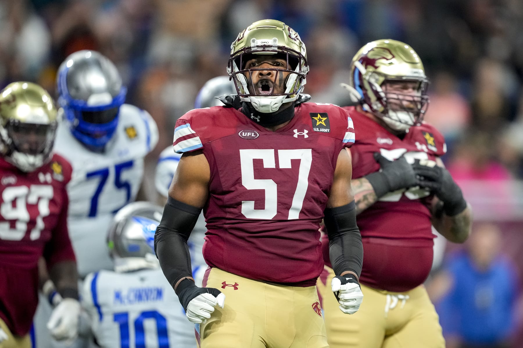 DETROIT, MICHIGAN - MARCH 30: Breeland Speaks #57 of the Michigan Panthers reacts against the St. Louis Battlehawks at Ford Field on March 30, 2024 in Detroit, Michigan. (Photo by Nic Antaya/UFL/Getty Images)